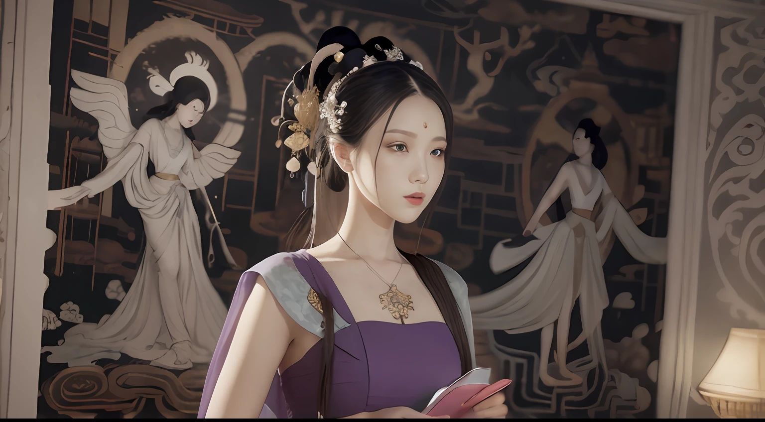 (Masterpiece, Monochrome, Color: 1.0), (Highest Quality: 1.2), (Ultra Quality: 1.1), Masterpiece, Best Quality, (Very Detailed CG Unity 8k Wallpaper), (Best Illustration), (Best Shadow), Realistic Lighting, Dunhuang Mural Paintings, Ancient Maiden, Lavender Dress, High bag, Beautiful, Beautiful, Beautiful, Beautiful, Beautiful, Beautiful, Beautiful, Beauty, Beauty, Beauty, Beauty, Beauty, Beauty structure