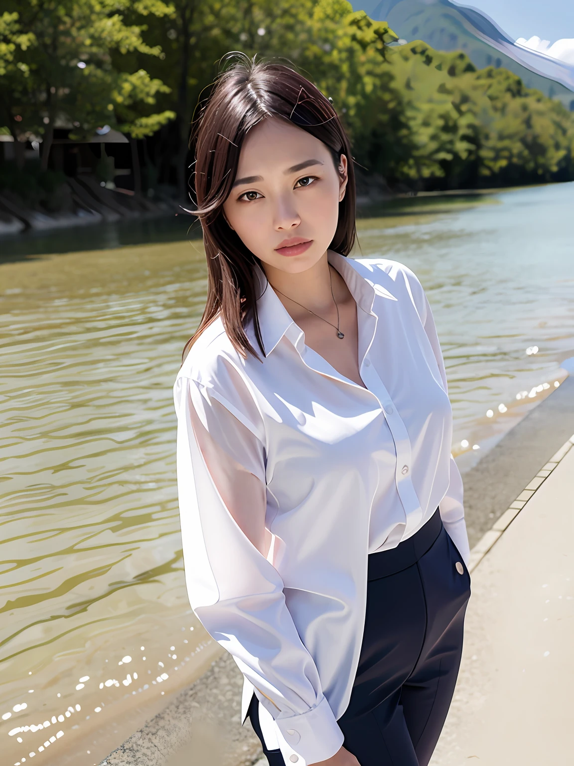 1girl,solo, parted lips, office lady, business suit ,
river,mountain, hand on arm , looking at viewer,