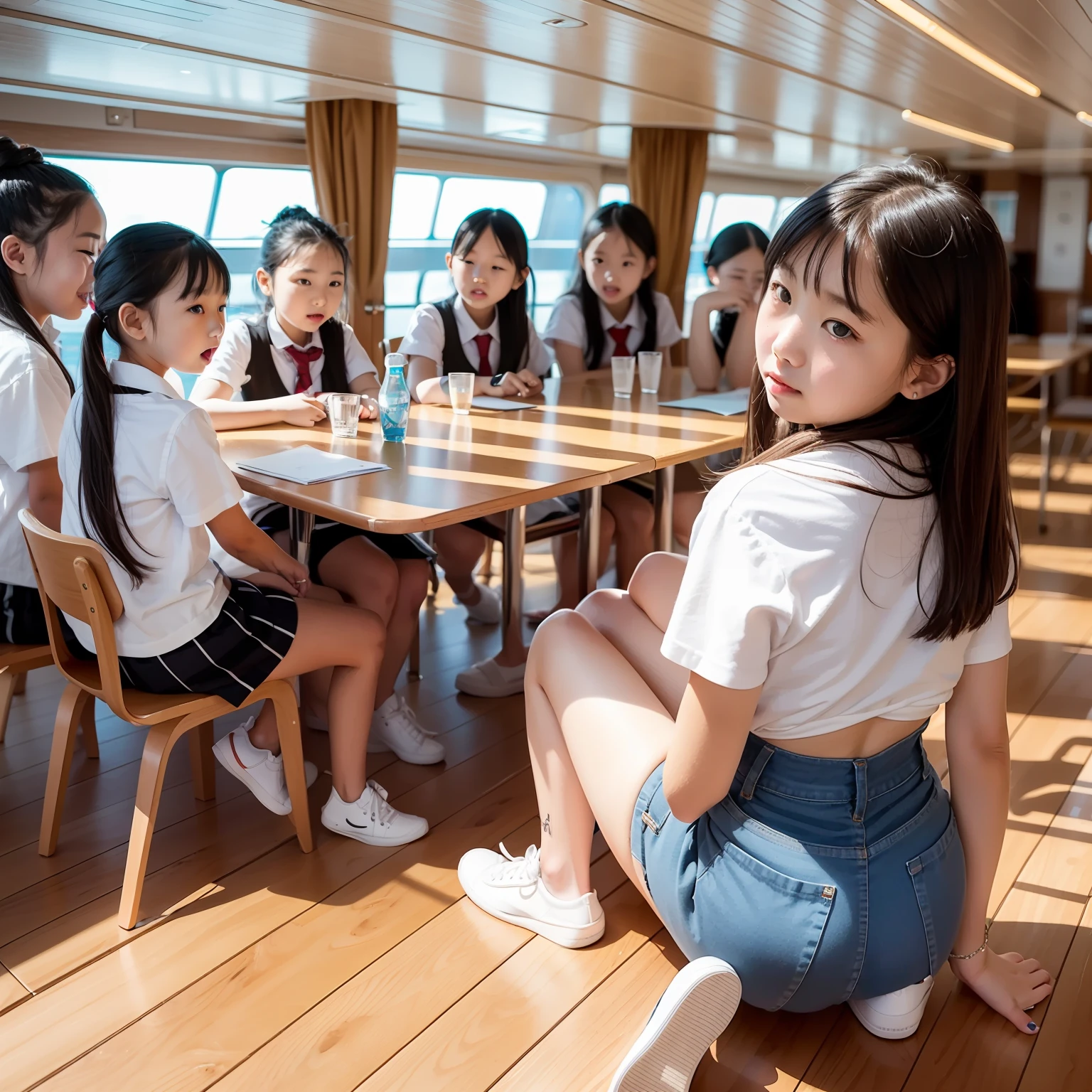 On a super-large cruise ship，Five delicate cute little girls with upturned asses，junior school student，比基尼，Run，Run，Sit on your knees