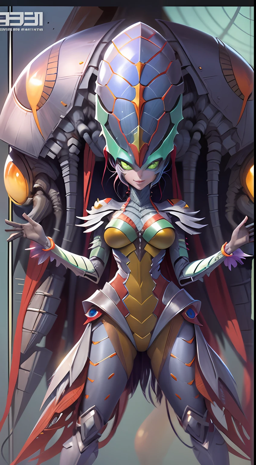 Cartoon photo of a woman in a fitted costume、Hot Mantis Humanoid Female、No trial、a person々takeout、Guyver Style、SFW version、Scarabeleploid、Cel Shade Adult Animation、Alien Queen、evil smile