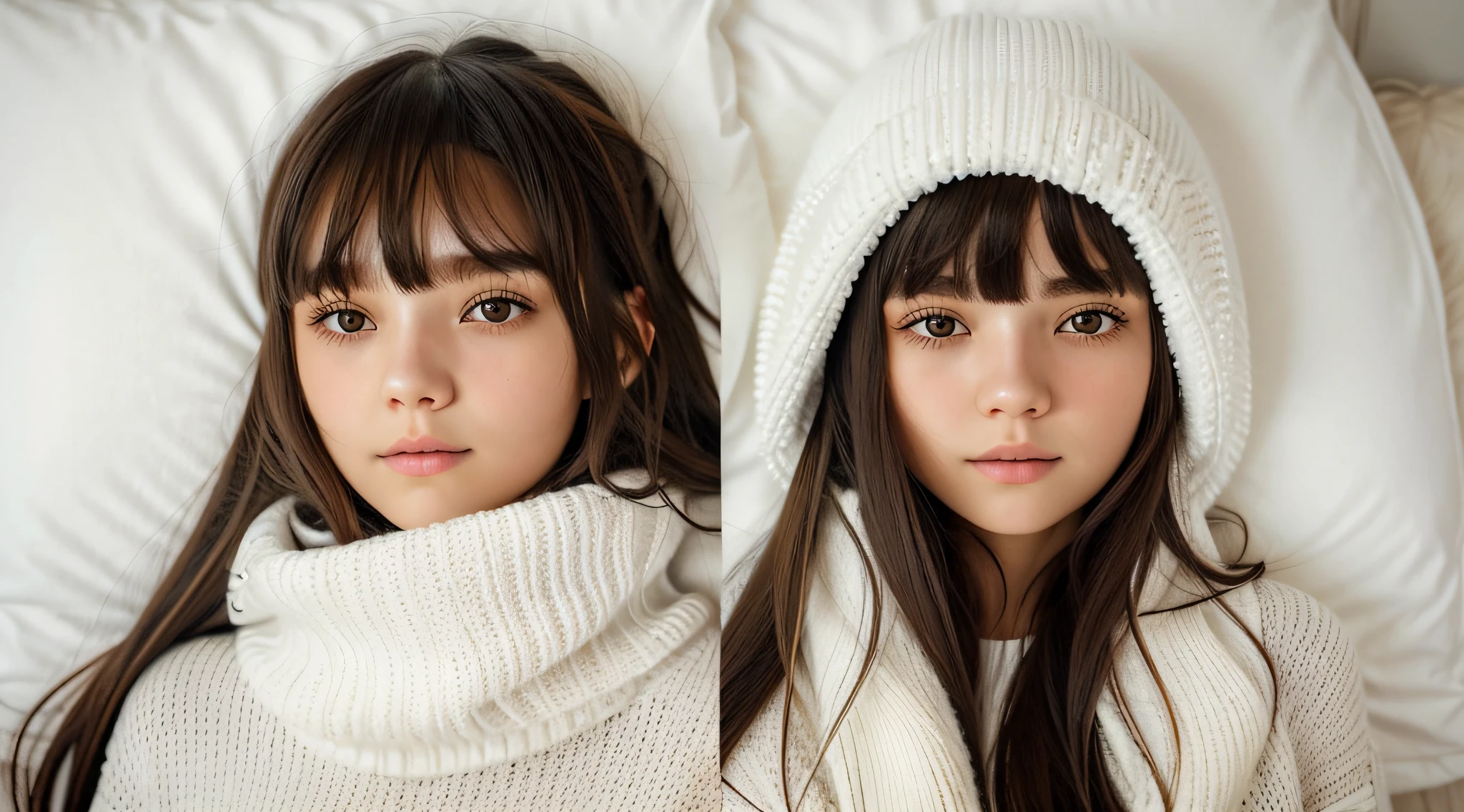 Girl with long hair wearing a white sweater and black ears muffler, drowsy, sleepy fashion model face, lalisa manobal, cute bangs, white bangs, cute cute, cute cute, with full bangs, sleeping, cute girl, cute girl, nina masic, anastasia ovchinnikova, sleepy eyes, cold but cute