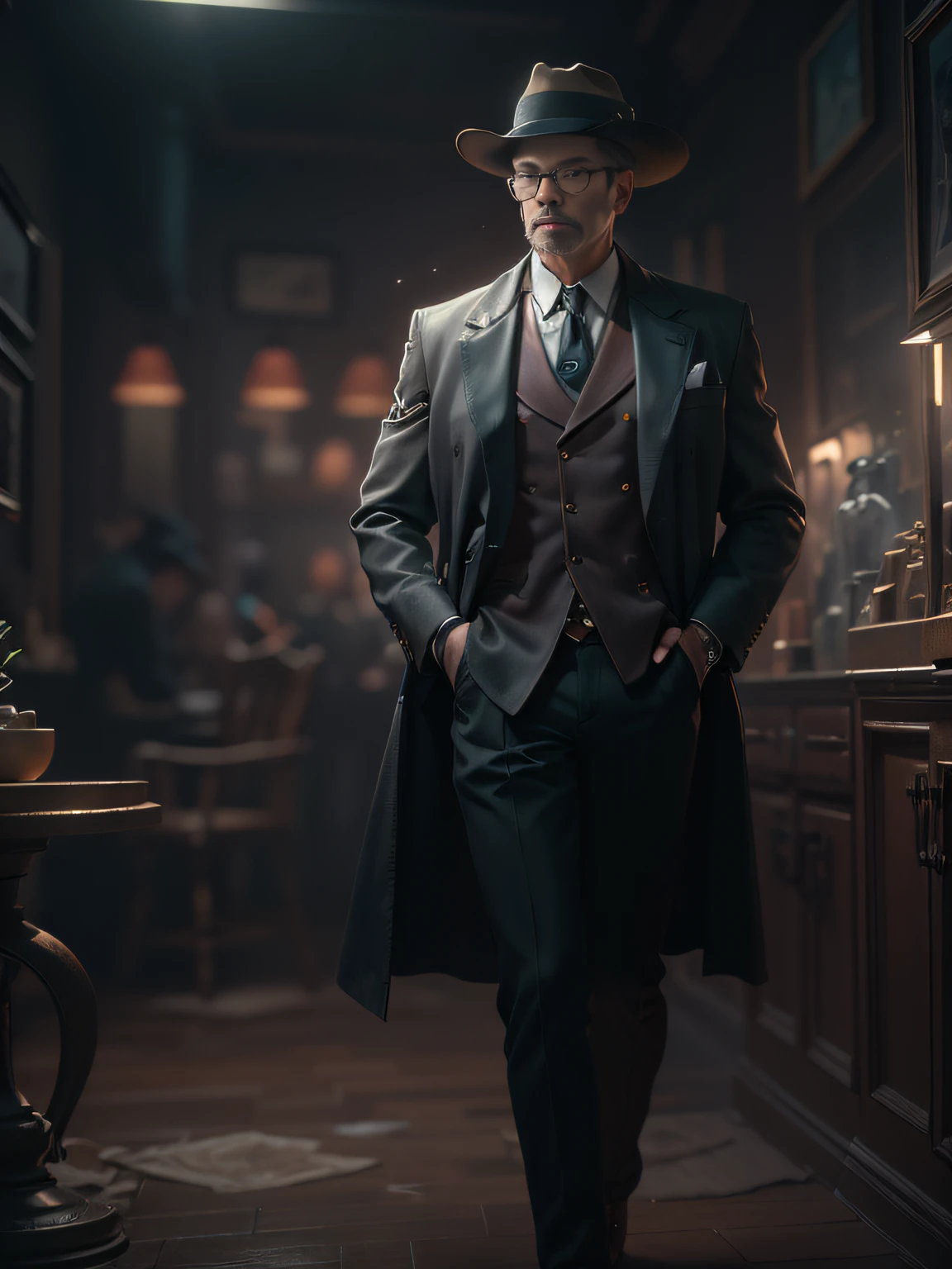 arafed image of a man in fedora hat and costume, cgsociety masterpiece, full portrait of a magical  film noir detective, chengwei pan on artstation, epic exquisite character art, full body cgsociety, stunning character art, 3D render character art 8K, fantasy film noir detective man, cgsociety consept art, full body render, masterpiece, global illumination
