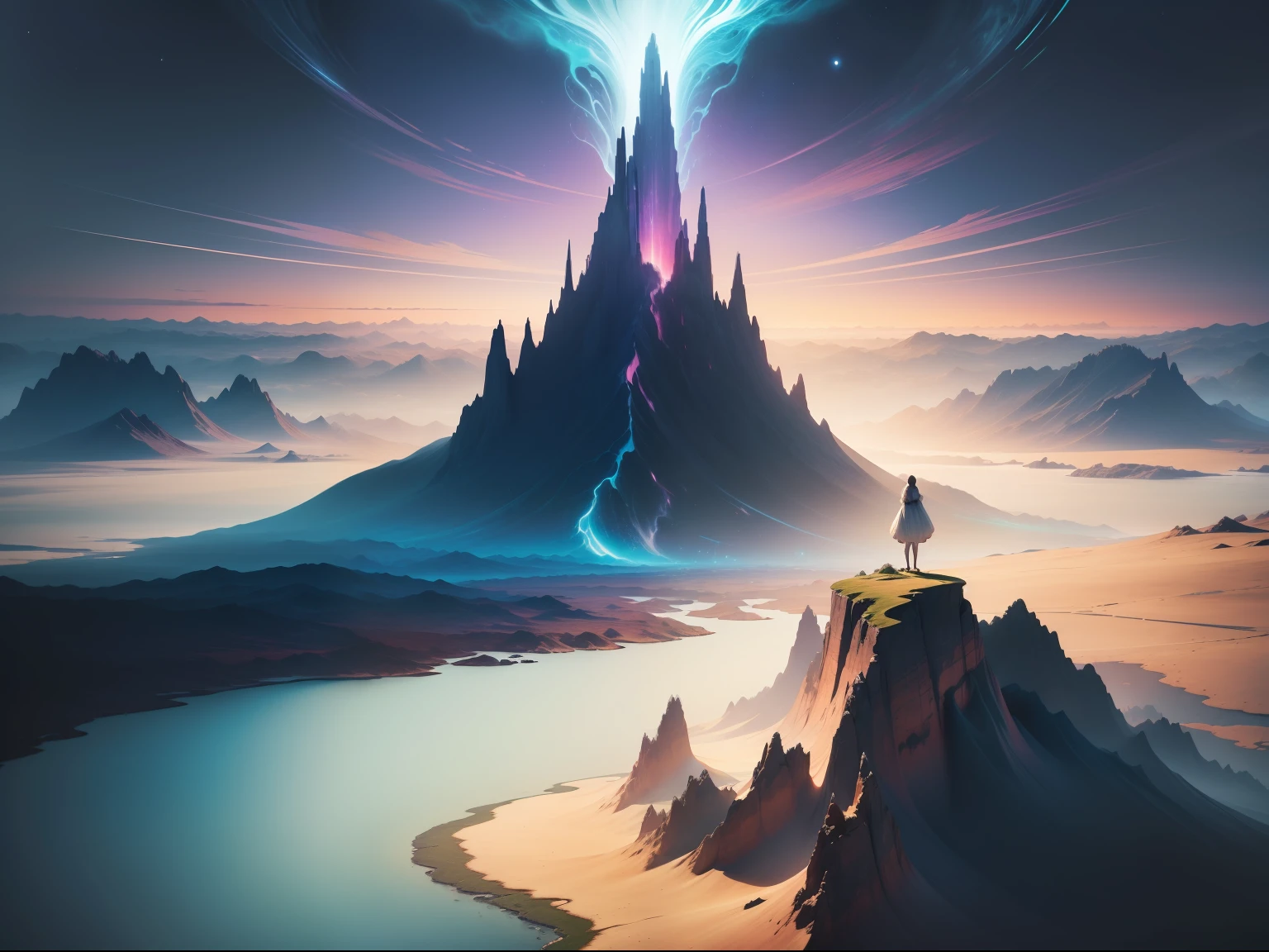 A flat landscape，Decorated with surreal colors，Push the boundaries of reality. This mesmerizing scene features an expansive and serene expanse of land, where the colors take on a fantastical and dreamlike quality. The landscape stretches out before you, creating a sense of vastness and tranquility. The colors that paint this surreal landscape are vibrant, Intense, and utterly captivating. They blend and intertwine in ways that seem impossible, creating an otherworldly atmosphere，Spark the imagination. The lighting bathes the scene in a soft, ethereal glowing, Enhance surreal colors，adicionando um toque de magia ao ambiente. As you explore this remarkable landscape, you'll witness a symphony of hues that shift and transform, inviting you to immerse yourself in their beauty. The flatness of the terrain allows the colors to take center stage, evoking a sense of wonder and enchantment. The high-definition resolution ensures that every detail is rendered with utmost clarity, allowing you to appreciate the intricate nuances of this surreal-colored world. Prepare to be transported to a realm where reality merges with imagination, where the boundaries of color are pushed to their limits, and where the beauty of the surreal unfolds before your eyes.