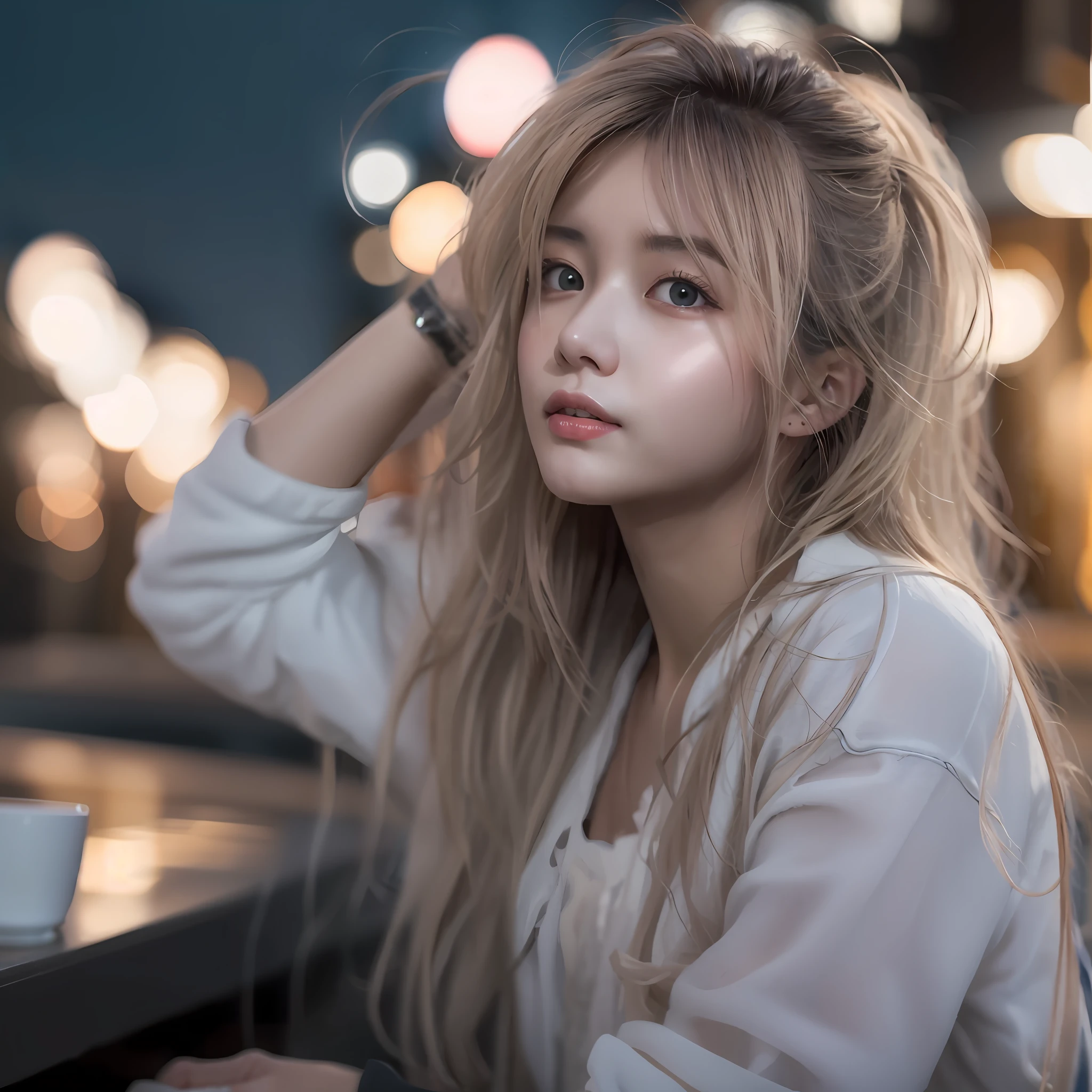 girl, Single, Medium, Blonde, Silver, random facial expression, Random hairstyle(8K, Best Quality, masutepiece:1.2), (Realistic, Photorealistic:1.37), ultra-detailliert, Single Girl,Cute,Solo,Beautiful detailed sky, Detailed café,Dating,(blush),(Smile:1.15),(Closed mouth),Film grain, FUJI XT3,( ulzzang-6500:0.3),, Model shooting style, NSFW,Beautiful detailed eyes,(Medium Long Hair: 1.2),Floating hair ,NovaFrogStyle, White skin,Cinematic lights, Night Street, streetlights, bikini of, Full body