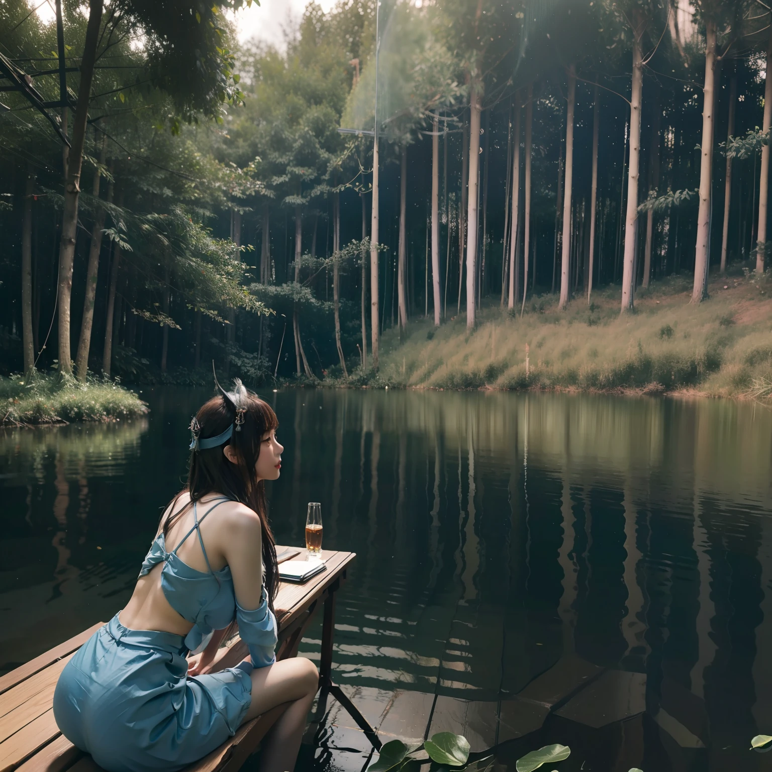夏天, lake, zori, ln the forest,mecha girl,Metal Textures, Detailed forest, Clouds, tmasterpiece, cinematic ligh, softlighting, depth of fields, Ray traching, reflection in water, hentail realism, Ulla detailed,