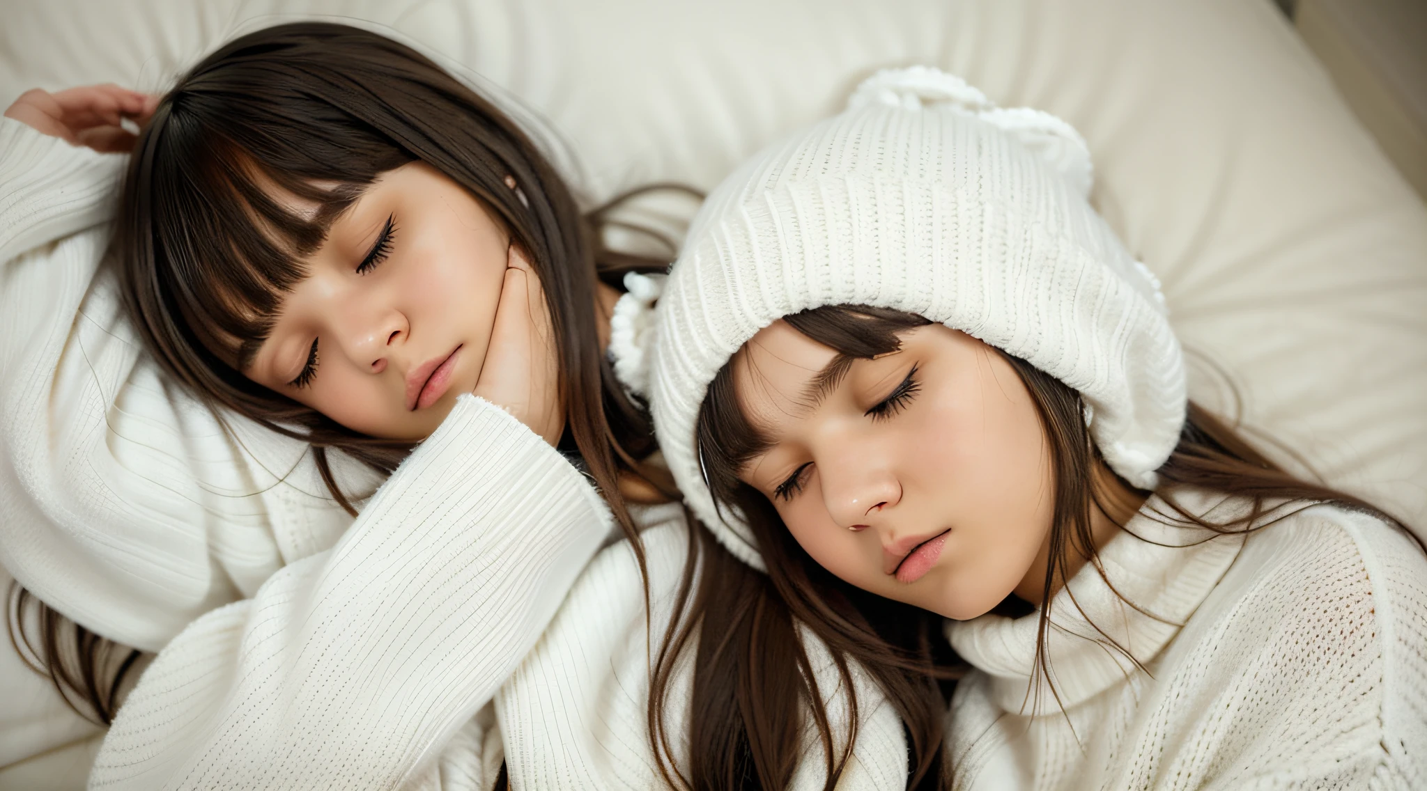 Girl with long hair wearing a white sweater and black ears muffler, drowsy, sleepy fashion model face, lalisa manobal, cute bangs, white bangs, cute cute, cute cute, with full bangs, sleeping, cute girl, cute girl, nina masic, anastasia ovchinnikova, sleepy eyes, cold but cute