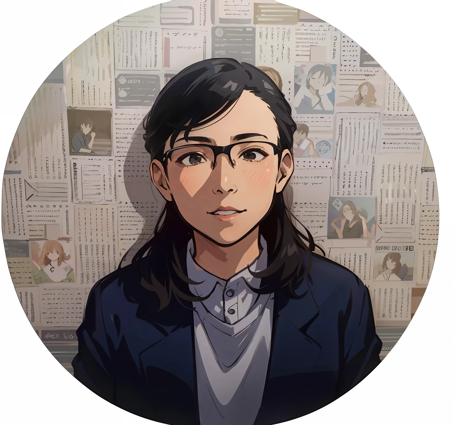 Image of a woman wearing glasses with a blue jacket, Yayoi Kasuma, Sachiko Miyazaki, shinsui ito, Kaoru Mori, nishimiya shouko, 奈良美智, itsuko azuma, Junko Enoshima, Shiori Teshirogi, Yuka Kazami