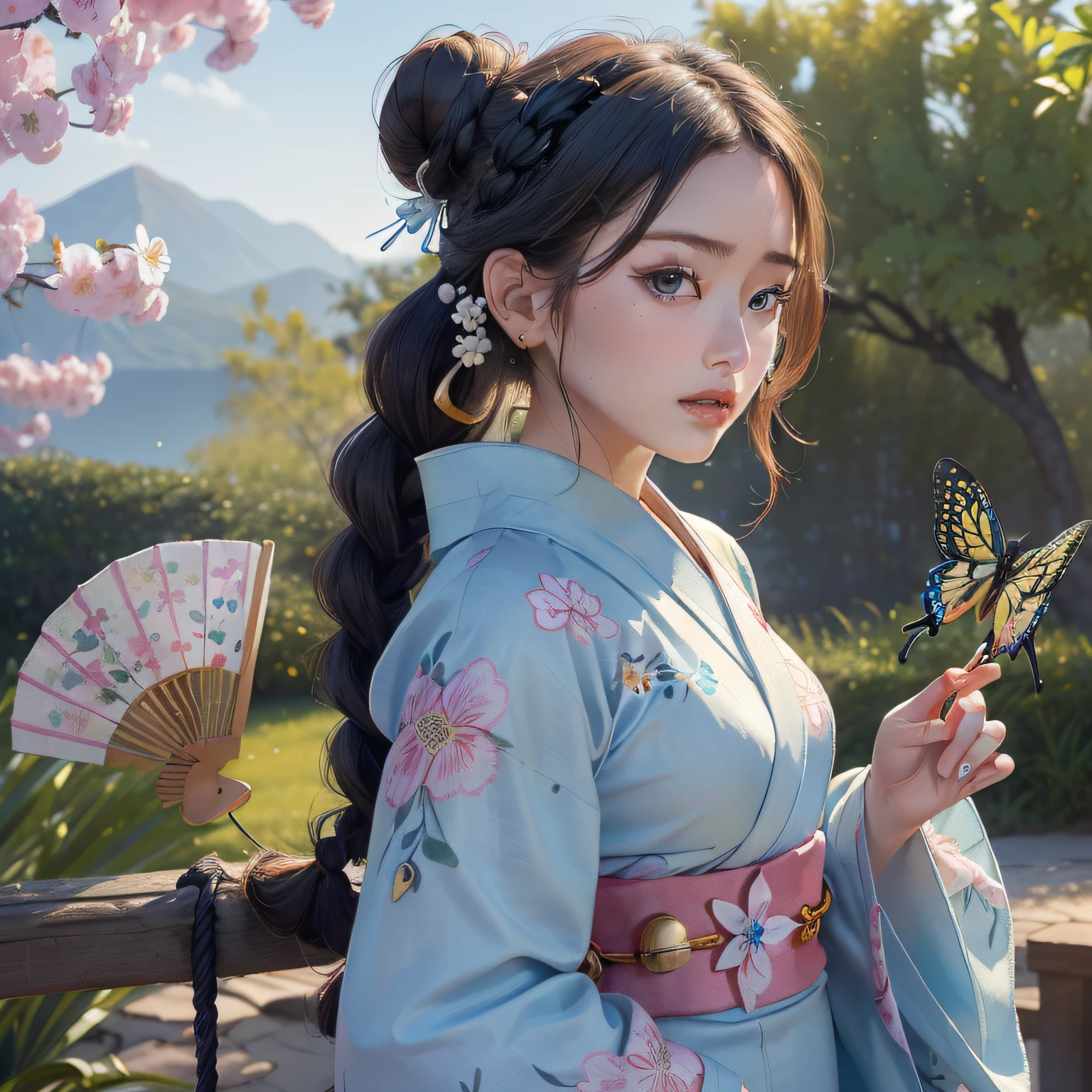 1girl with, ((masterpiece、top-quality、ultra-definition、hight resolution))、4K picture quality、((Beautuful Women))、22year old、wetted skin、radiant eyes、perfect eyes、(Beautiful Nordic sisters)、the beach,Background crowd、((Curly hair in braids、Bun1))、((facial close-up))、(((Wearing a bell sleeve yukata)))、((The pattern of the yukata is、They range from fancy floral patterns to swallowtail butterflies..))、((Use primary colors for yukata colors))、masterpiece、top-quality、ultra-definition、hight resolution))、4K picture quality、(((Holding a fan or fan in your hand)))、