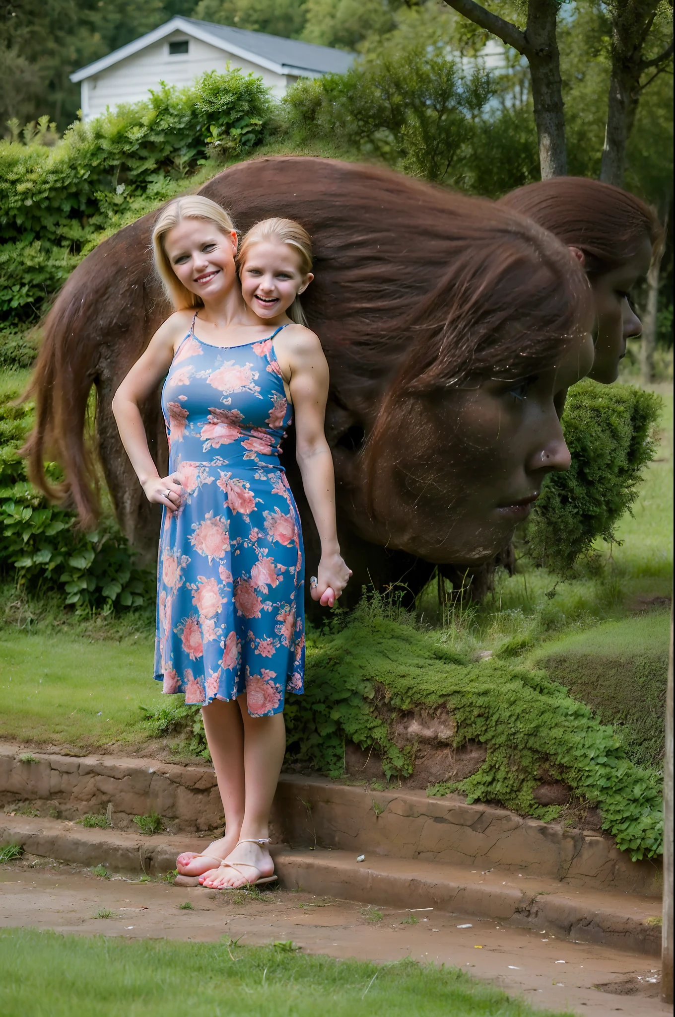 2heads, two headed girl, (mom and daughter attached to each other:1.5), (one of the conjoined heads is a young :1.5), (one torso:1.5), (female:1.5), (blonde:1.5), (two heads attached to one body:1.4), conjoined twins, heads side by side, one body, young, uncomfortable, barefoot, bare breasts