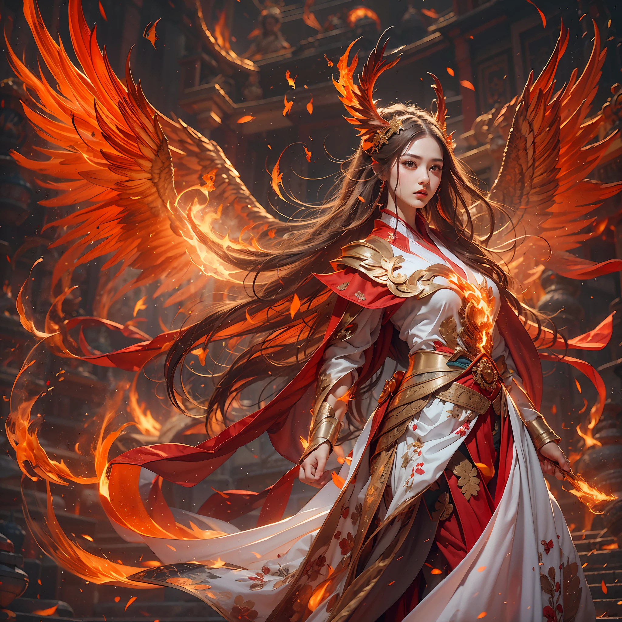 1girll,Flame mage dressed in fiery red(Chinese Hanfu),The robe was embroidered with intricate runes and ornaments,Exudes a burning breath。He was tall and strong,Hands up,Powerful fire spells are being unleashed。His eyes were firm and sharp,A flash of fire flashed in his eyes,Behind the Flame Mage,(A huge flame phoenix spread its wings and flew:1.2),(The feathers of the phoenix burned with roaring flames),It shines brightly,Its body is surrounded by flames,Flame feathers danced,Form a spectacular flaming six-pointed star array pattern,Full of mysterious magic,The whole scene is full of fiery aura and passion for fighting,Large areas of flame spells bloomed in the air,A brilliant arc of flame and flying sparks formed,(Flame Mage and Phoenix),It appears majestic and mysterious in the midst of raging fires,Like the embodiment of fire and magic,red hair,high detal,ultra-realistic realism,Verism,((Bust photo)),(real photograph:1.4),(lightand shade contrast),cinmatic lighting,Realistic special effects,c4d渲染,rendering by octane,Ray traching,in a panoramic view,angle of view,textureskin,super detailing,hyper HD,tmasterpiece,anatomy correct,best qualtiy,A high resolution,8K