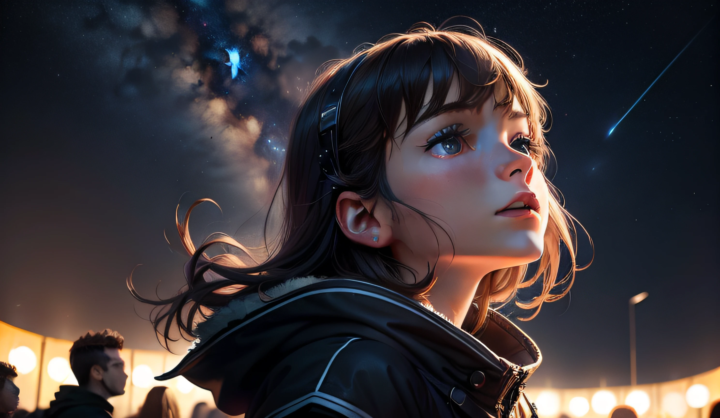 atmospheric distance sense,Brilliant starry sky,Bright stars,aethereal,look up to,The girl looked up,hands out,The crowd under the stars