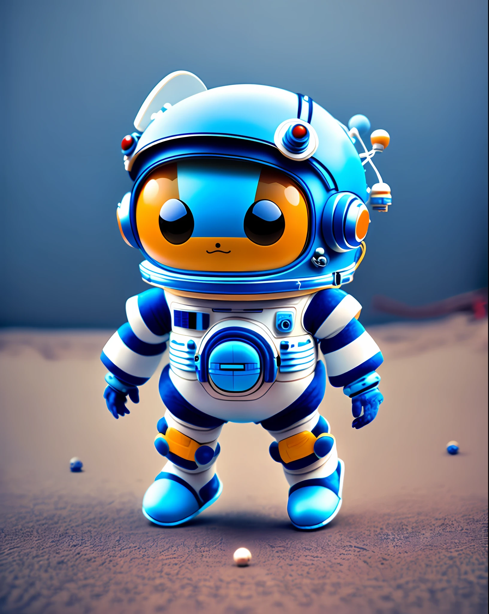 There is a small robot in a blue spacesuit, Artificial intelligence astronauts, little astronaut looking up, cute 3 d render, wearing astronaut outfit, The astronaut, Wear a spacesuit and helmet and space shoes, Astronaut, spacesuit with small led lights, An astronaut, Pose for cute jumping moves