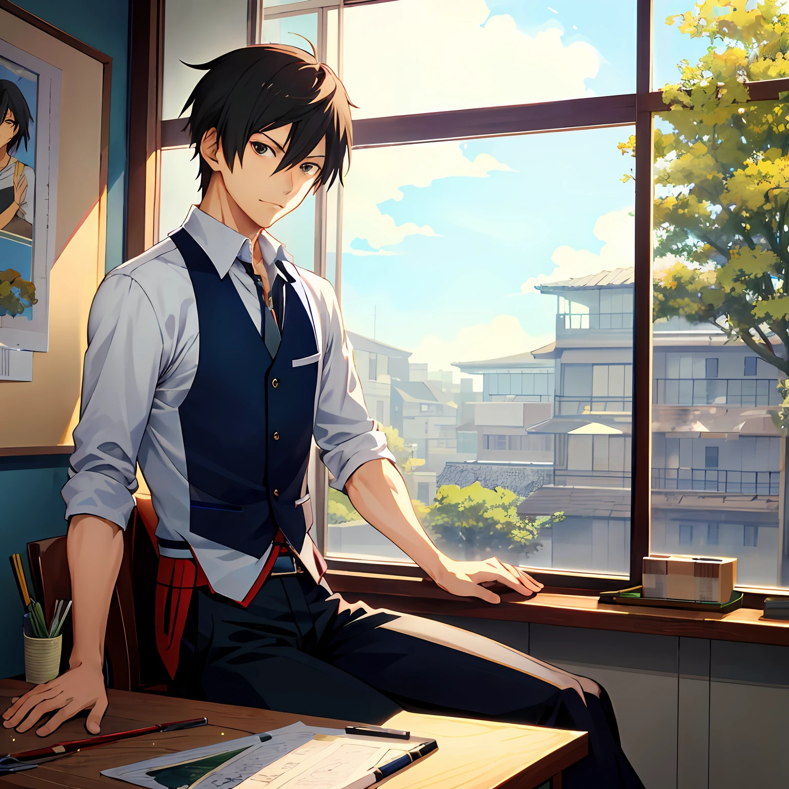 Anime boy sitting on windowsill looking out the window, a character portrait inspired by Tomioka Tessai, pixiv contest winner, shin hanga, Handsome anime pose, Anime portrait of a handsome man, young anime man, Anime handsome man, drawn in anime painter studio, Makoto Shinkai. A digital rendering, shigenori soejima illustration,(Cover your head),((A look of pain))