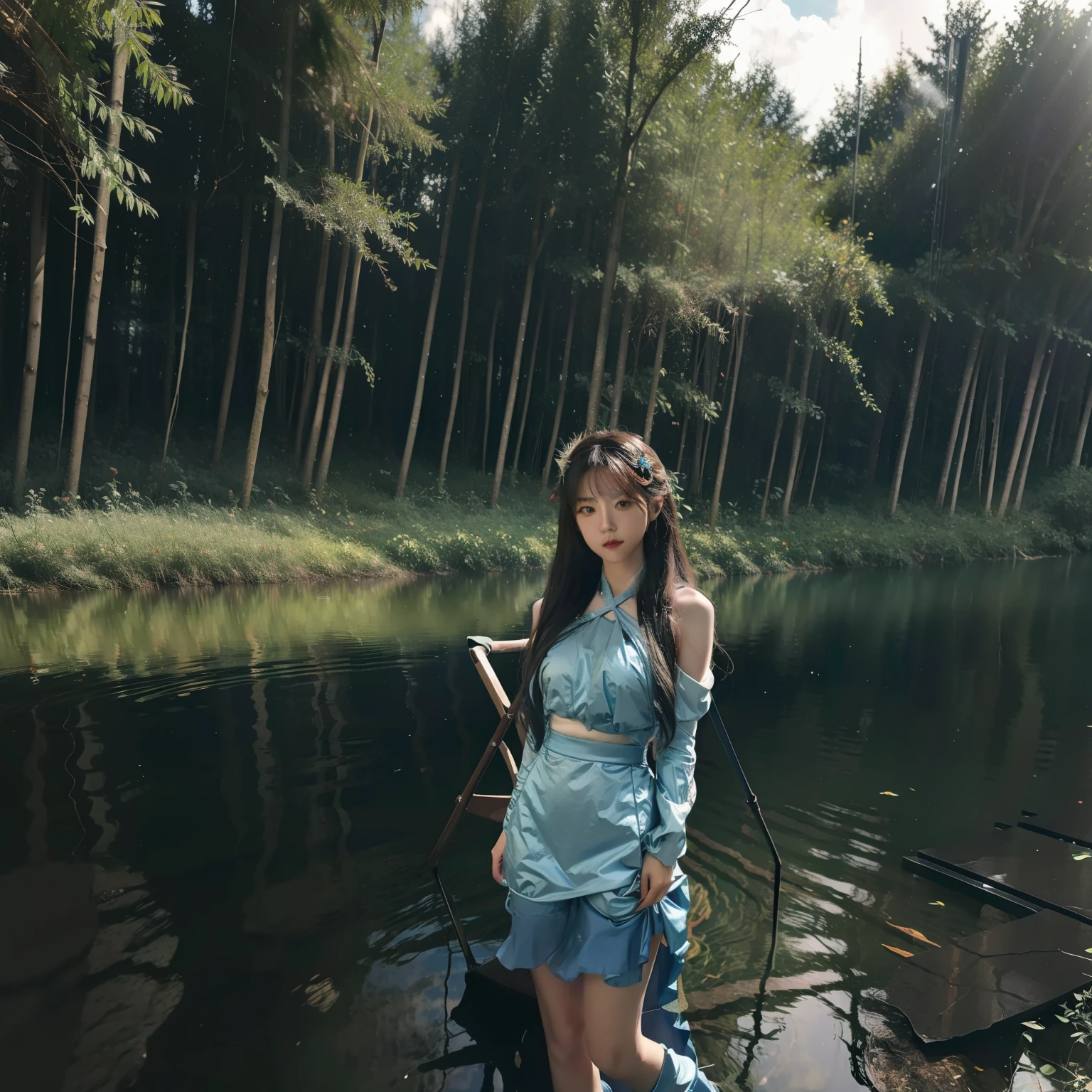 夏天， lake， zori， ln the forest，mecha girl，Metal Textures， Detailed forest， Clouds， tmasterpiece， cinematic ligh， softlighting， depth of fields， Ray traching， reflection in water， hentail realism， Ulla detailed，