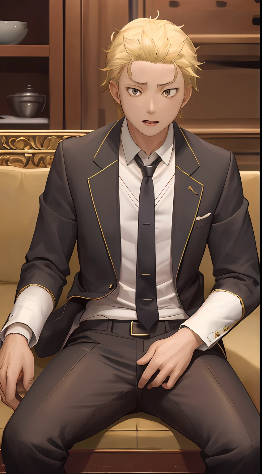 A high resolution， Sharp focus， Pixiv masterpiece， （（Complicated details））， highly  detailed， natsuki_subaru， 1 man， with her mouth open，full bodyesbian，sit astride， Golden eyes（eyes glowing）， blond hairbl， The shirt，Drenched，Gold tie，trousers，thongs，perspire，look from down