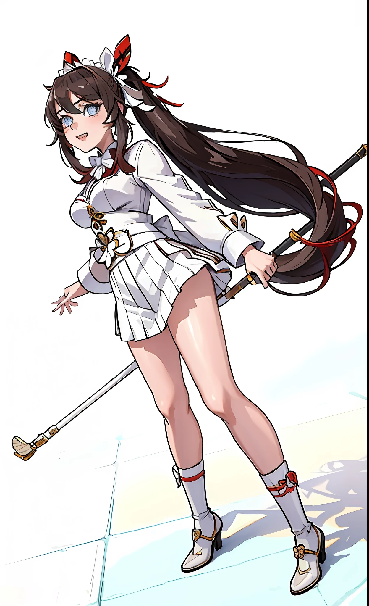 (white background:1.4), (masterpiece, best quality:1.2), (solo), (1girl), best quality, (photorealistic:1.4),ultra detailed, 1girl, solo, (full body:1.5), standing, hutao\(genshin\), love in eyes, double ponytail, bow hairpins, blushing, shyness, drooling, rolling eyes, white bow tie, maid outfit, long sleeves, miniskirt, big breasts