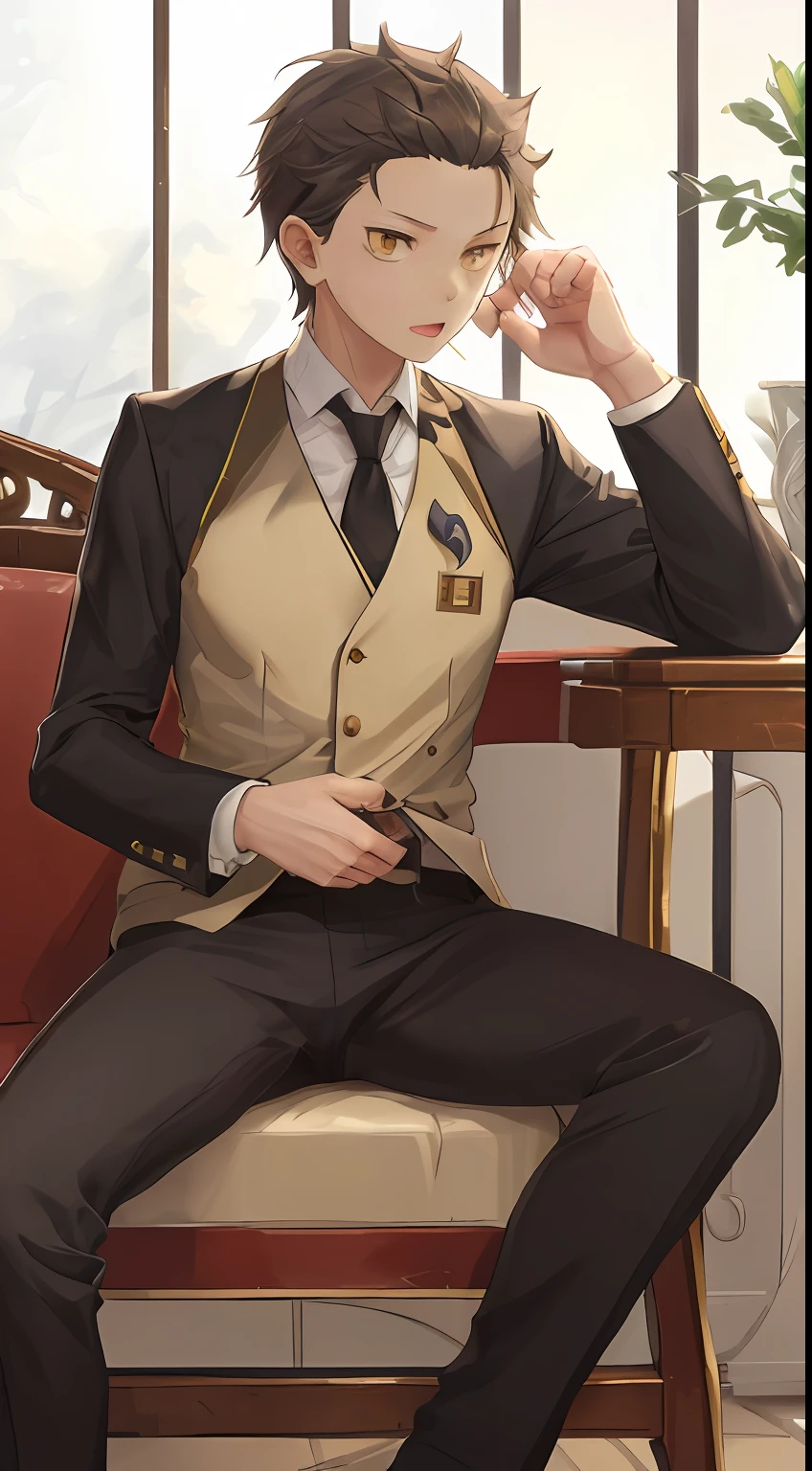A high resolution, Sharp focus, Pixiv masterpiece, ((Complicated details)), highly detailed, natsuki_subaru, 1 man, with her mouth open,full bodyesbian,sit astride, Golden eyes(eyes glowing), blond hairbl, The shirt,Drenched,Gold tie,trousers,thongs,perspire,look from down