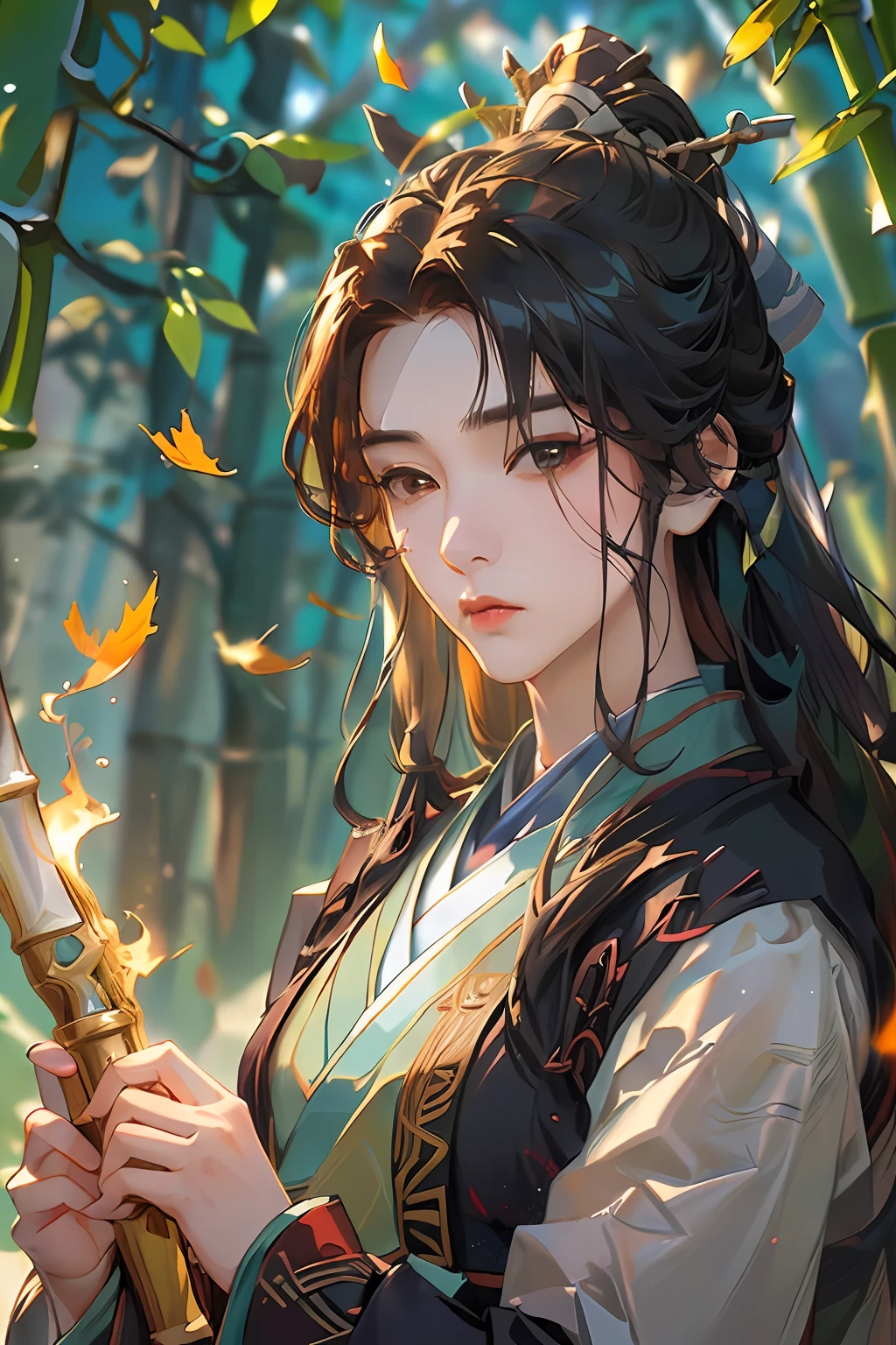 (best qualtiy），（fidelity：1），realistic skin textures，highly  detailed，8k wallpaper，tmasterpiece，ultra - detailed，Detailed facial features，Volumetriclighting，动态照明，Bust photo，1 woman，In the bamboo forest，long  white hair，horse tailed，green headwear，holding a longsword，Bamboo leaves fall，Hazy，Black Hanfu，Hold a sword in hand，电影灯光，dynamic viewing angle，