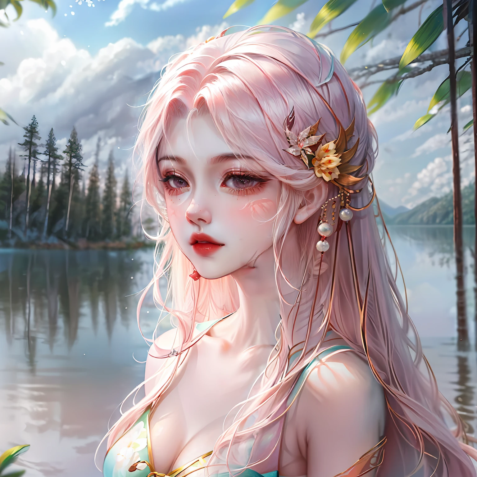 夏天, Lake, zori, ln the forest,Bikini girls,Fine skin texture, Detailed forest, Clouds, tmasterpiece, cinematic ligh, softlighting, depth of fields, Ray traching, reflection in water, hentail realism, Ulla detailed,