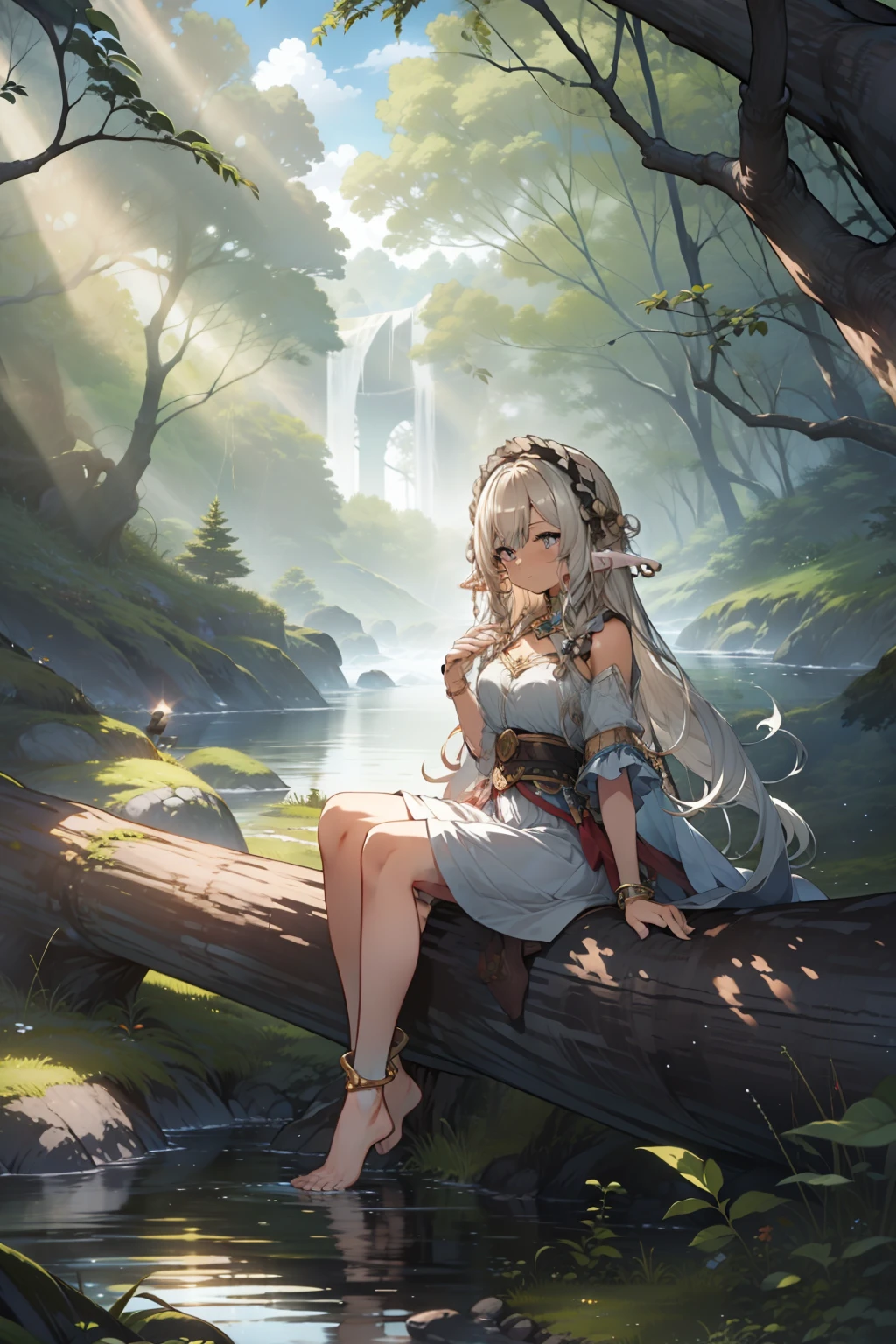 1girl, anklet, barefoot, bracelet, breasts, forest, jewelry, long hair, nature, outdoors, elf,pointy ears, river, sitting, solo, tree, water, white hair