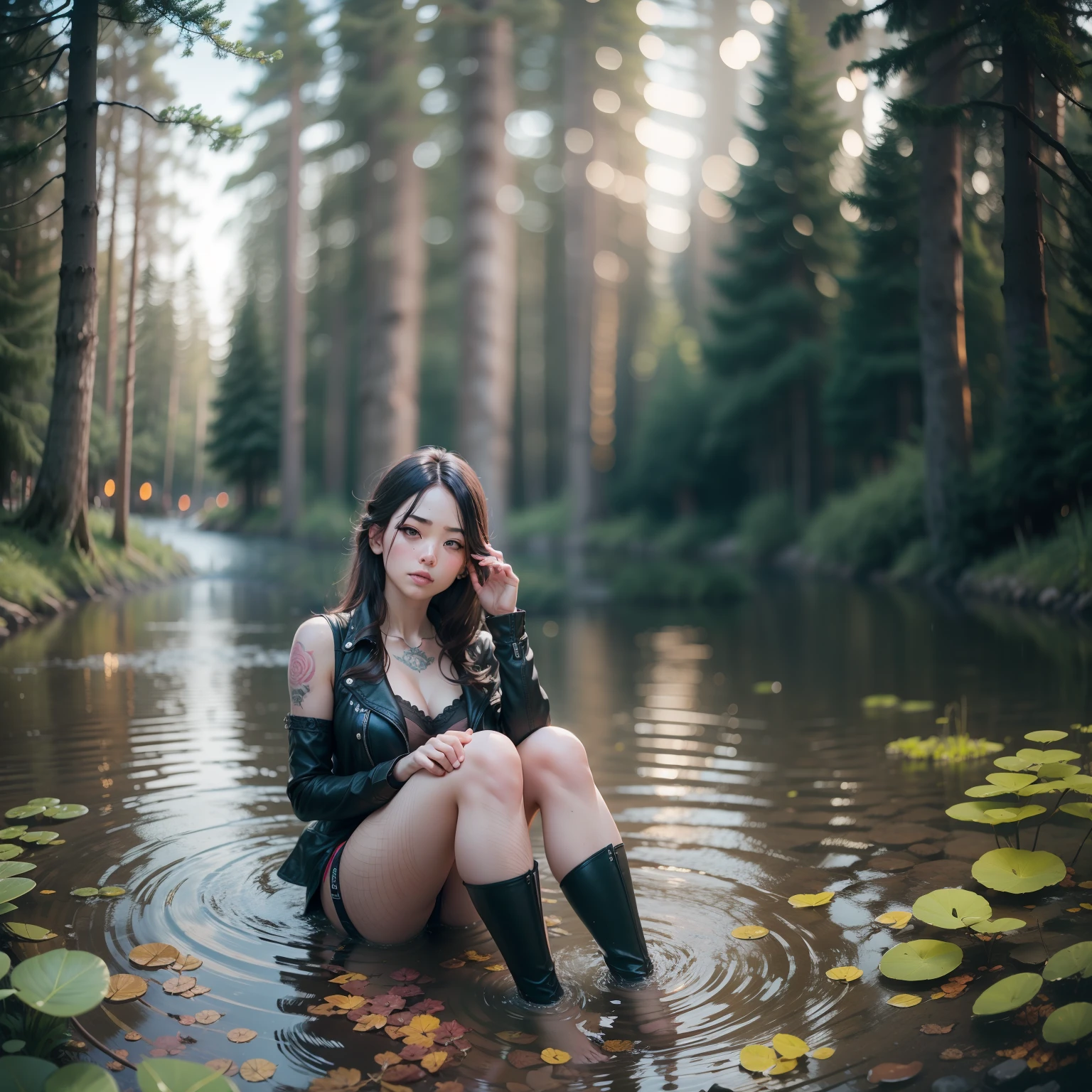 1girl, 28mm, 24mm, full frame, wide, (best quality), medium breast, professional lighting, (ultra hi-res), hi-res, fishnet tight, pink, tattoo, (cinematic lighting), f/1.4, f/1.8, POV, 4k, 8k, masterpiece, realistic light, nature light, realistic shadow, forest, river