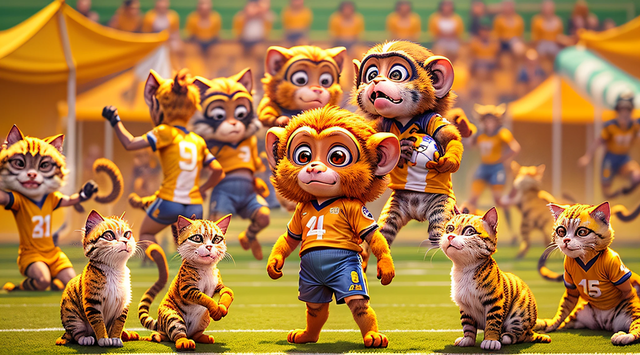 The football pitch transforms into a wild arena as animals, dressed in their team uniforms, converge for an exhilarating match. On the other side, the orange team, composed of monkeys and clever cats, confidently grips the ball, ready to showcase their skills