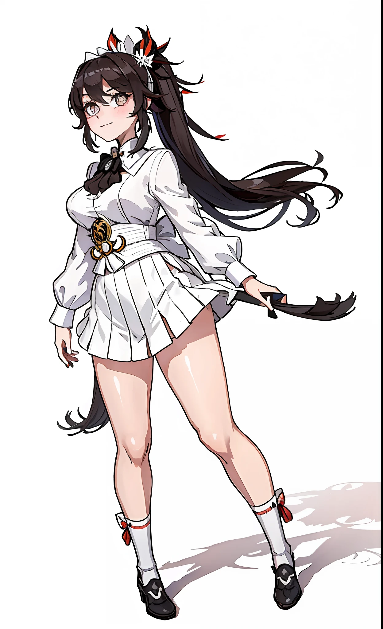 (white background:1.4), (masterpiece, best quality:1.2), (solo), (1girl), best quality, (photorealistic:1.4),ultra detailed, 1girl, solo, (full body:1.5), standing, hutao\(genshin\), love in eyes, double ponytail, bow hairpins, blushing, shyness, drooling, rolling eyes, white bow tie, maid outfit, long sleeves, miniskirt, big breasts