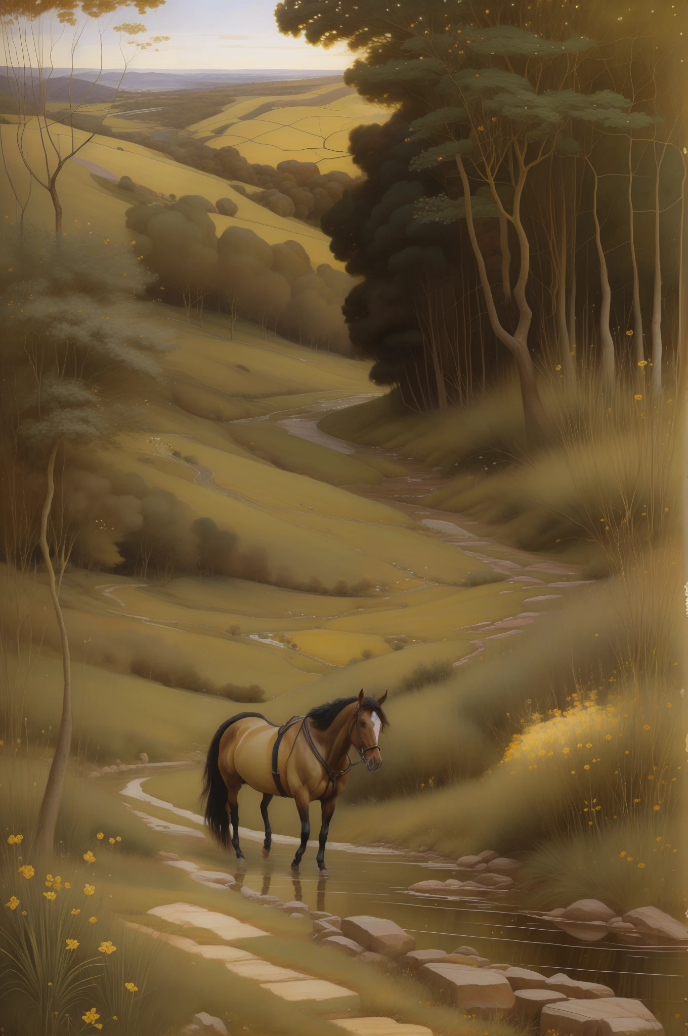 (((Pre Raphaelie Painting))) Colina com tojos amarelos, muitas flores amarelas, arbustos amarelos, cavalo selvagem, Colina, Ulex, cavalo selvagem