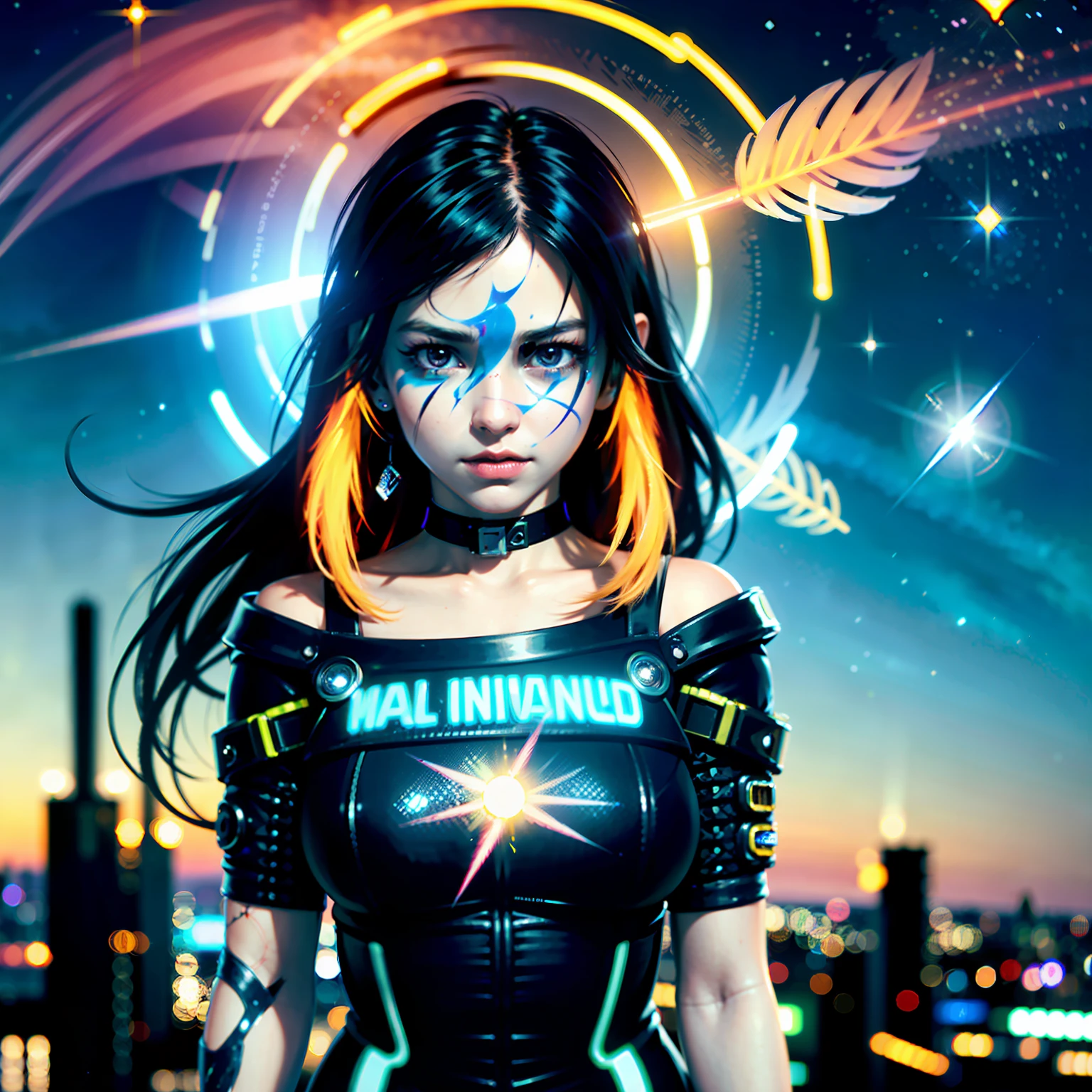 (masterpiece), best quality, ultra high res,little girl, cyberpunk 1girl flying above stunning cityscape ,hoodie,blue hair,  neon color shooting stars, very long hair, off shoulder, feather hair ornament, neon colors, flashes, stunning night sky, cinematic lighting, photorealistic, realistic skin, HDR,fisheye