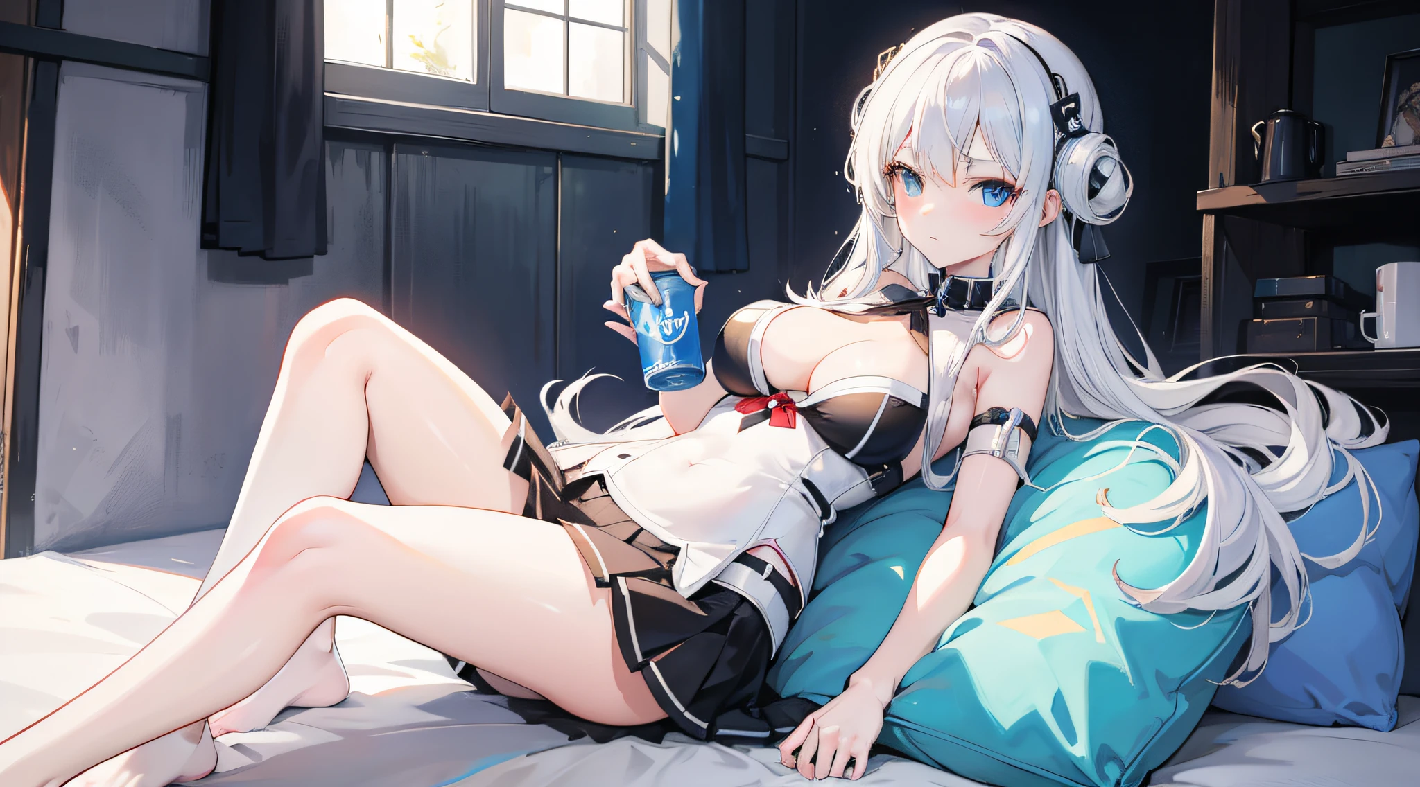 Anime girl with white hair and blue eyes sitting on cushion, anime girls drink Energy drink, seductive anime girls, girls frontline style, Splash art anime , small curvaceous loliom girls frontline, Fine details. Girl front, Kantai collection style, anime visual of a cute girl, Anime moe art style, [ 4 K digital art ]!!，（Lori huge breasts cleavage）