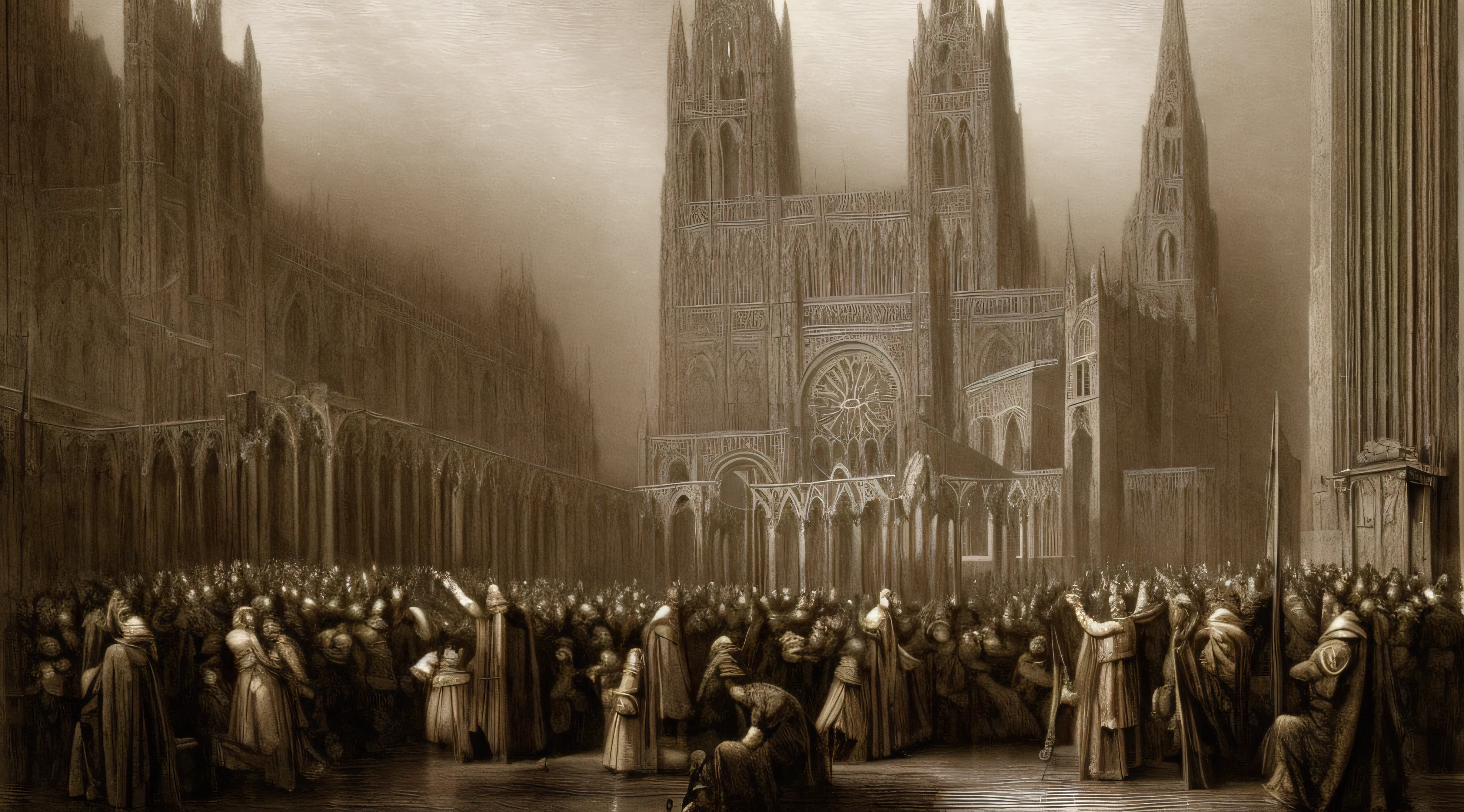 There are many people in a large cathedral with many windows, Gustave Dore History, Gustave Dore\' background, Estilo Gustave Dore, very epic atmosphere, Directed by: Gustave Dore, Gustave Doré style, Directed by: Gustav Doré, arte conceitual atmosfera deslumbrante, Desenho de Gustave Dore, Arte conceitual premiada, Directed by: Gustave Doré, Directed by: Artur Tarnowski,((sepia color))