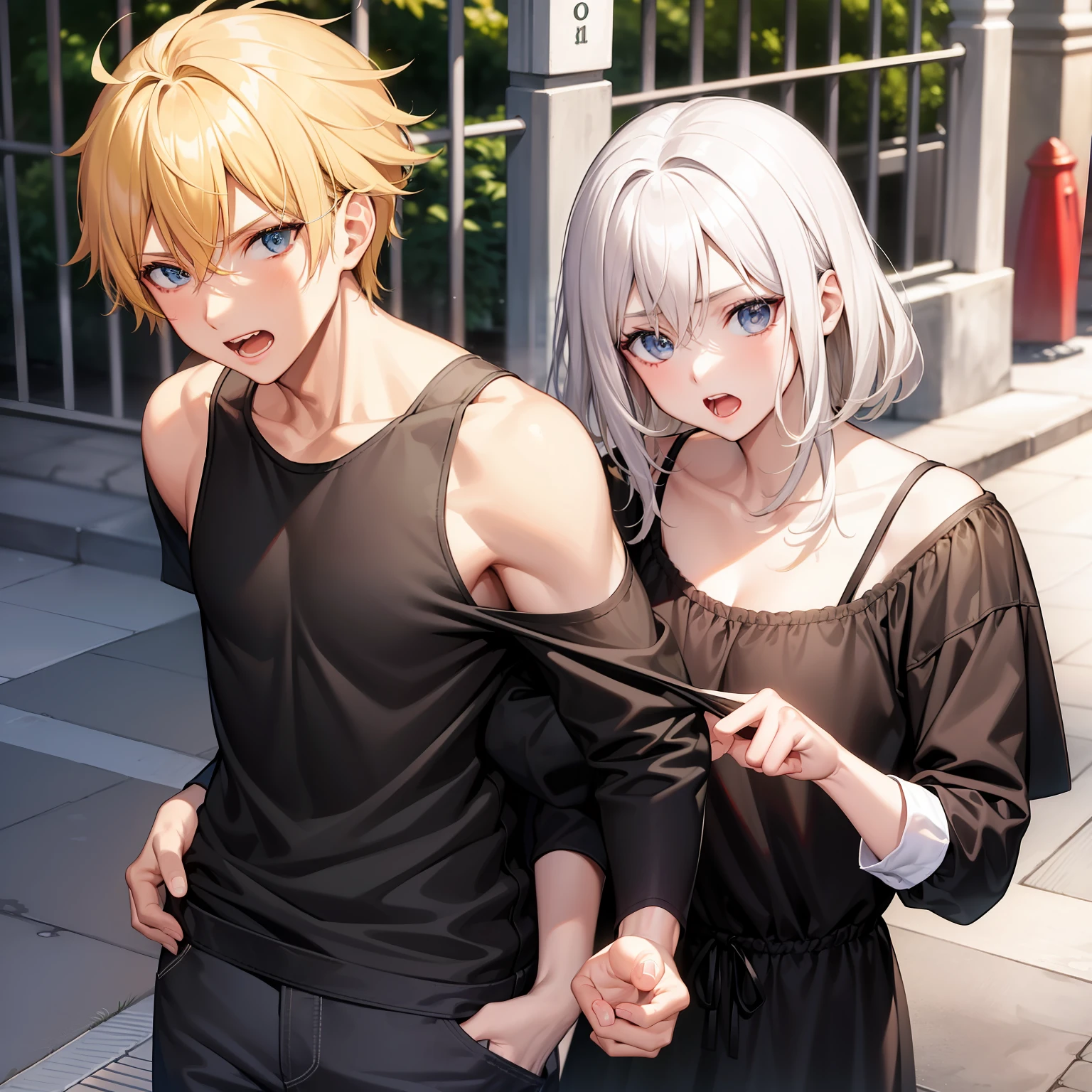 (A 20-year-old boy),((The mouth is slightly open and ready to speak)),(Yellow hair),Face the lens,On the street