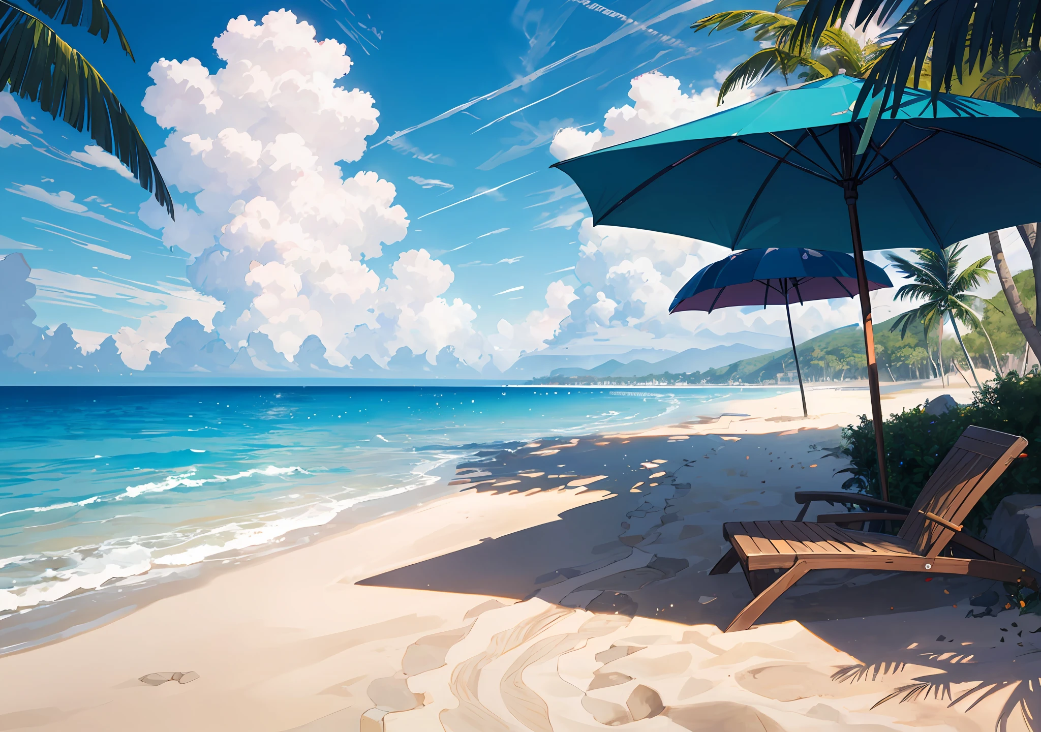 tmasterpiece，best qualtiy，（Very detailed CG unity 8k wallpaper）（best qualtiy），（Most Best Illustration），（best shadow）Nature'，Blue sea with golden sand，and the sun was shining brightly，（The line of sight runs parallel to the beach：1.15），Many umbrellas，NOhumans