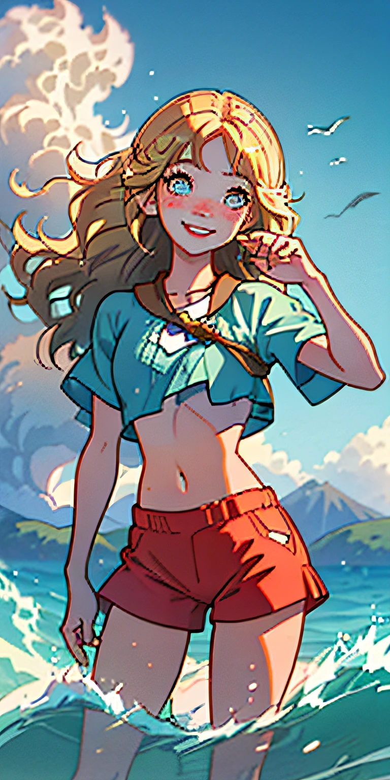 (best quality, masterpiece), 1girl, paw pose, smile, laughing, ocean, crop top, shorts, blonde, freckles, blush, looking at viewer, wavy hair, cloud, splashing, waves, sun, mountain, wet