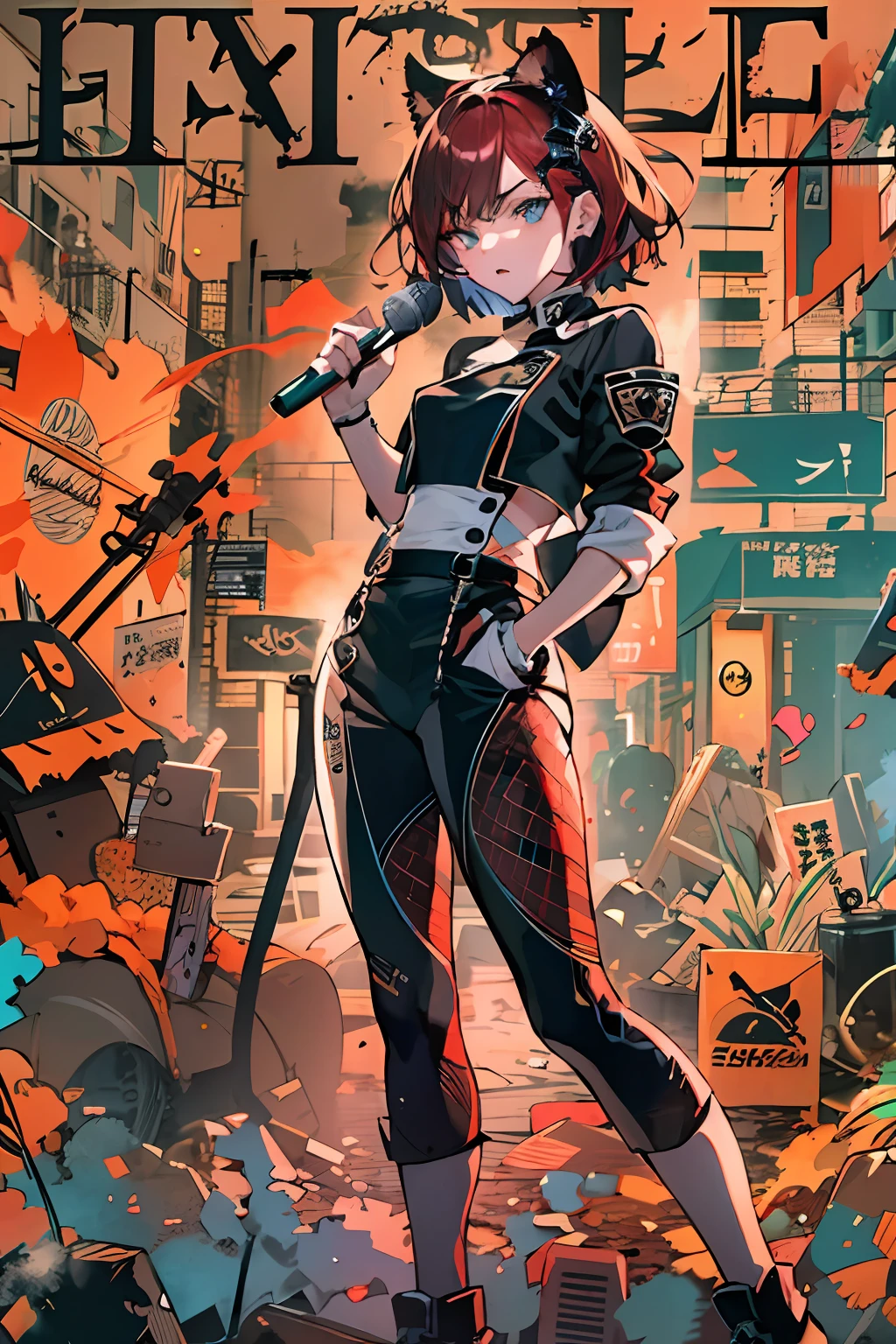 ((((dramatic))), (((gritty))), (((intense)))) 1girl, solo, singing, intoxicated, holding a standing microphone, movie poster featuring a young woman as the central character. Idol, singing, short hair, gradient hair, black and red hair, black cat anthropomorphic, a pair of black cat ears, black cat tail, holding a microphone, she stands confidently in the center of the poster, dressed in stylish clothing with a determined expression on her face. The background is dark and gritty, with a sense of danger and intensity. The text is bold and eye-catching, with catchy slogans that add to the overall drama and excitement. Dotted with bright colors, make the poster dynamic and visually striking, (magazine: 1.3), (cover style: 1.3), tachi-e (magazine: 1.3), (cover-style: 1.3), fashionable, woman, vibrant, outfit, posing, front, colorful, dynamic, background, element, confidence, expression, hold, statement, attachment, coil, around, touch, scene, text, cover, bold, eye-catching, title, fashion, font, catchy, title, bigger, eye-catching, modern, trendy, focused, stylish,