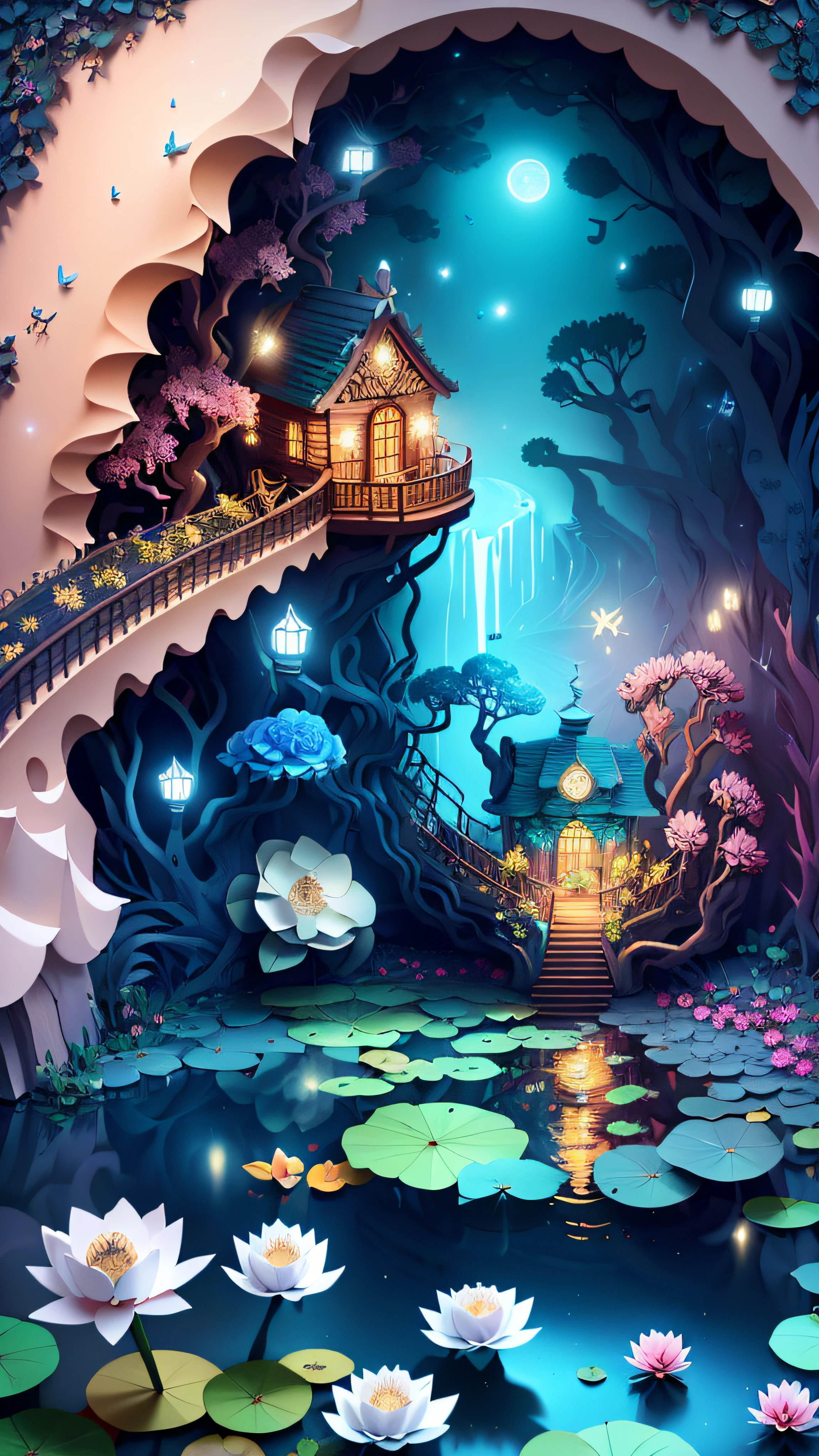 No Man,Secret garden, (Rose flower),Strange tree house,stairways,A winding bluestone road,(waterfallr),(small stream),lotuses,water lilies,Rose bushes,Lush big breasts, Floral, Rose, butterflys,glowworm,a plant, romanticism lain, Moody, Skysky,Starcloud,nigh sky,As estrelas,rays of moonlight,
, Paper_cut