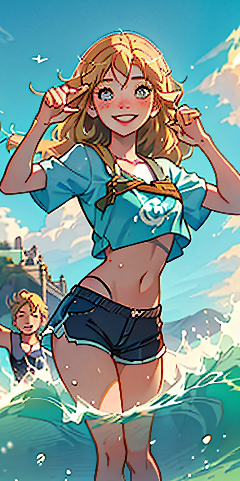 (best quality, masterpiece), 1girl, paw pose, smile, laughing, ocean, crop top, shorts, blonde, freckles, blush, looking at viewer, wavy hair, cloud, splashing, waves, sun, mountain, wet