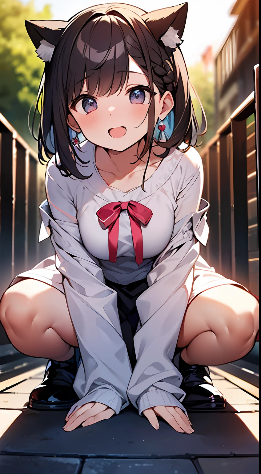 (top-quality、32K image quality、​masterpiece、nffsw:1.2)、a cute 、Medium short hair、short braiding、beauitful face、Ultra-detailed details、(Slouched:1.3)、at the sunset、crouching down、(From  above:1.3)、(a closeup:1.4)、small curvy loliou can see the chest))、Bust Up Perspective、Loose baggy big shirt、(beautiful nipple slips:0.9)、outside of house、the wind、shinny skin、blurry backround
