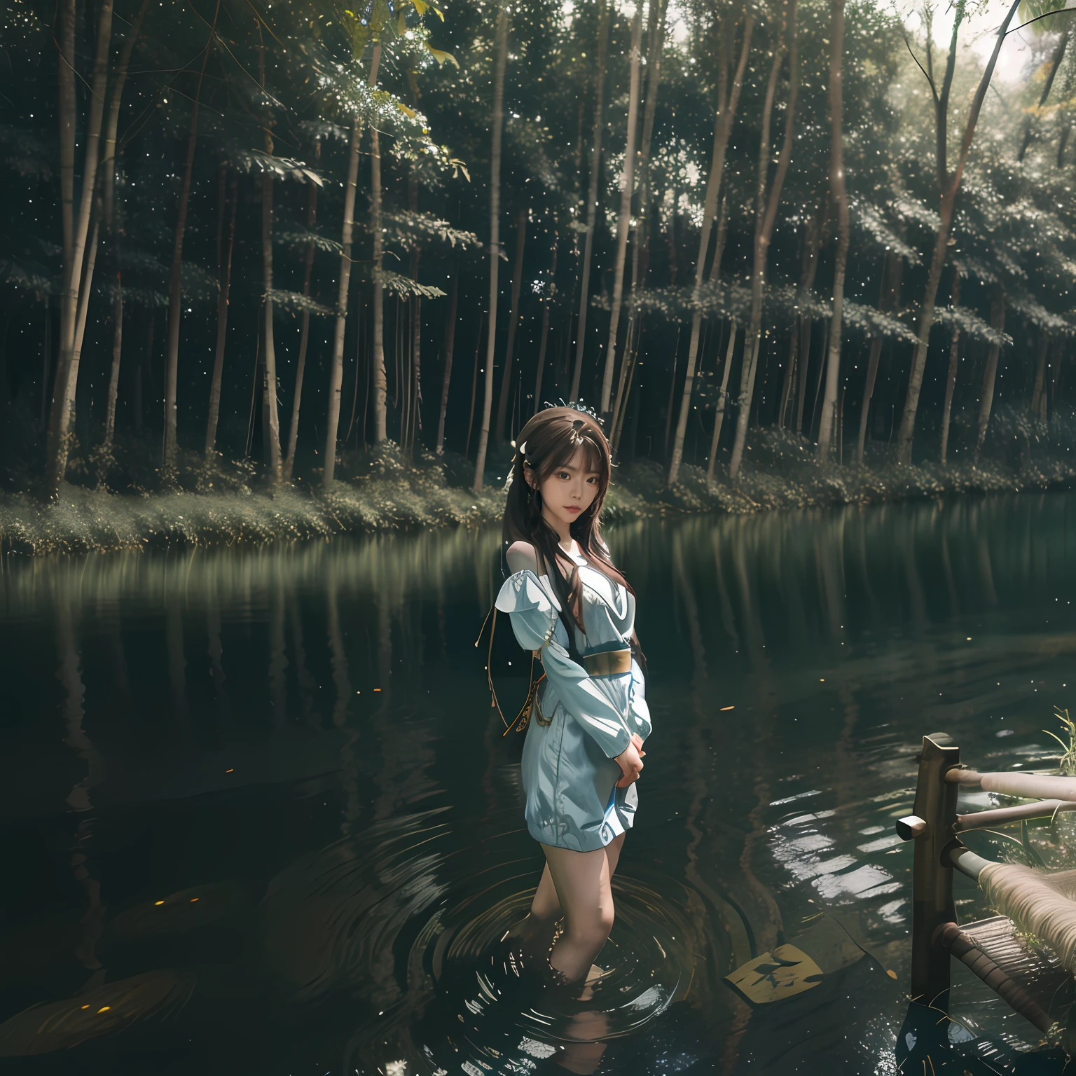 夏天, Lake, zori, ln the forest,Mecha girl,Metal Textures, Detailed forest, Clouds, tmasterpiece, cinematic ligh, softlighting, depth of fields, Ray traching, reflection in water, hentail realism, Ulla detailed,
