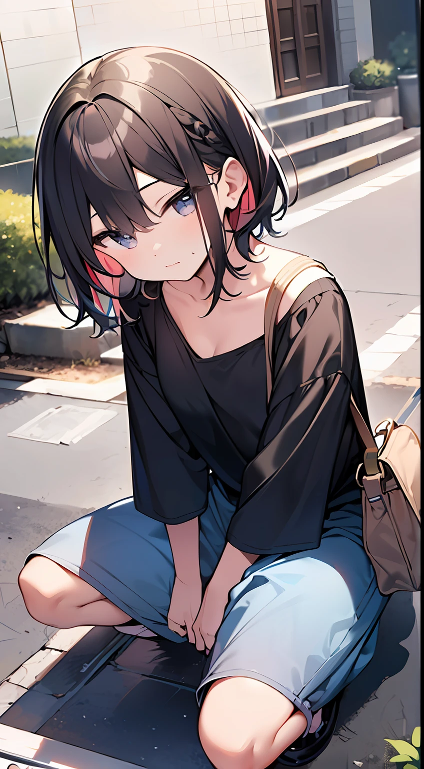 (top-quality、32K image quality、masterpiece、nffsw:1.2)、a cute 、Medium short hair、short braiding、beauitful face、Ultra-detailed details、(Slouched:1.3)、at the sunset、crouching down、(From above:1.3)、(a closeup:1.4)、small curvy loliou can see the chest))、Bust Up Perspective、Loose baggy big shirt、(beautiful nipple slips:0.9)、outside of house、the wind、shinny skin、blurry backround