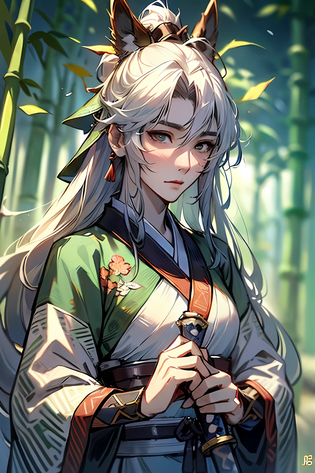 (best qualtiy），（fidelity：1），realistic skin textures，highly  detailed，8k wallpaper，tmasterpiece，ultra - detailed，Detailed facial features，Volumetriclighting，动态照明，Bust photo，1 woman，In the bamboo forest，long  white hair，horse tailed，green headwear，holding a longsword，Bamboo leaves fall，Hazy，Black Hanfu，Hold a sword in hand，电影灯光，dynamic viewing angle，