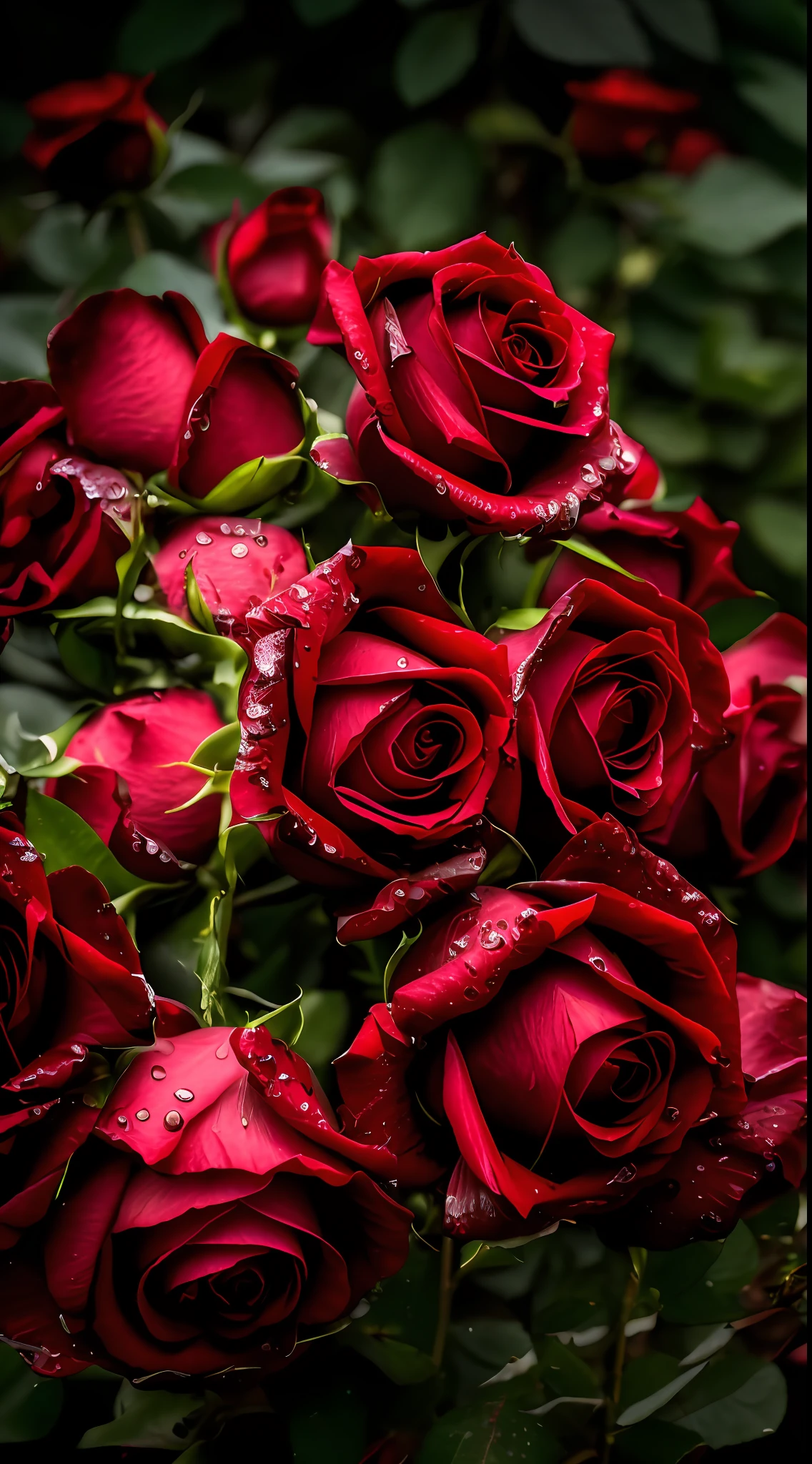 Rose sitting on the ground in the rain, roses in cinematic light, Red roses, rosses, shot on canon eos r 5, shot on a Canon EOS R5, rosette, Black roses, a few roses, alexey egorov, rose background, high-quality photo, red roses at the top, small red roses, celestial red flowers vibe