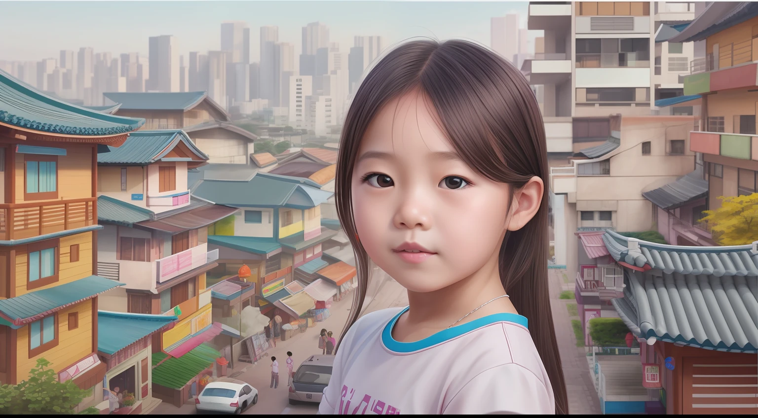 Generate a full image of a young girl, s old, from south korea, with south korean features, realistic city background, best quality, real, well detailed, hyper-realistic