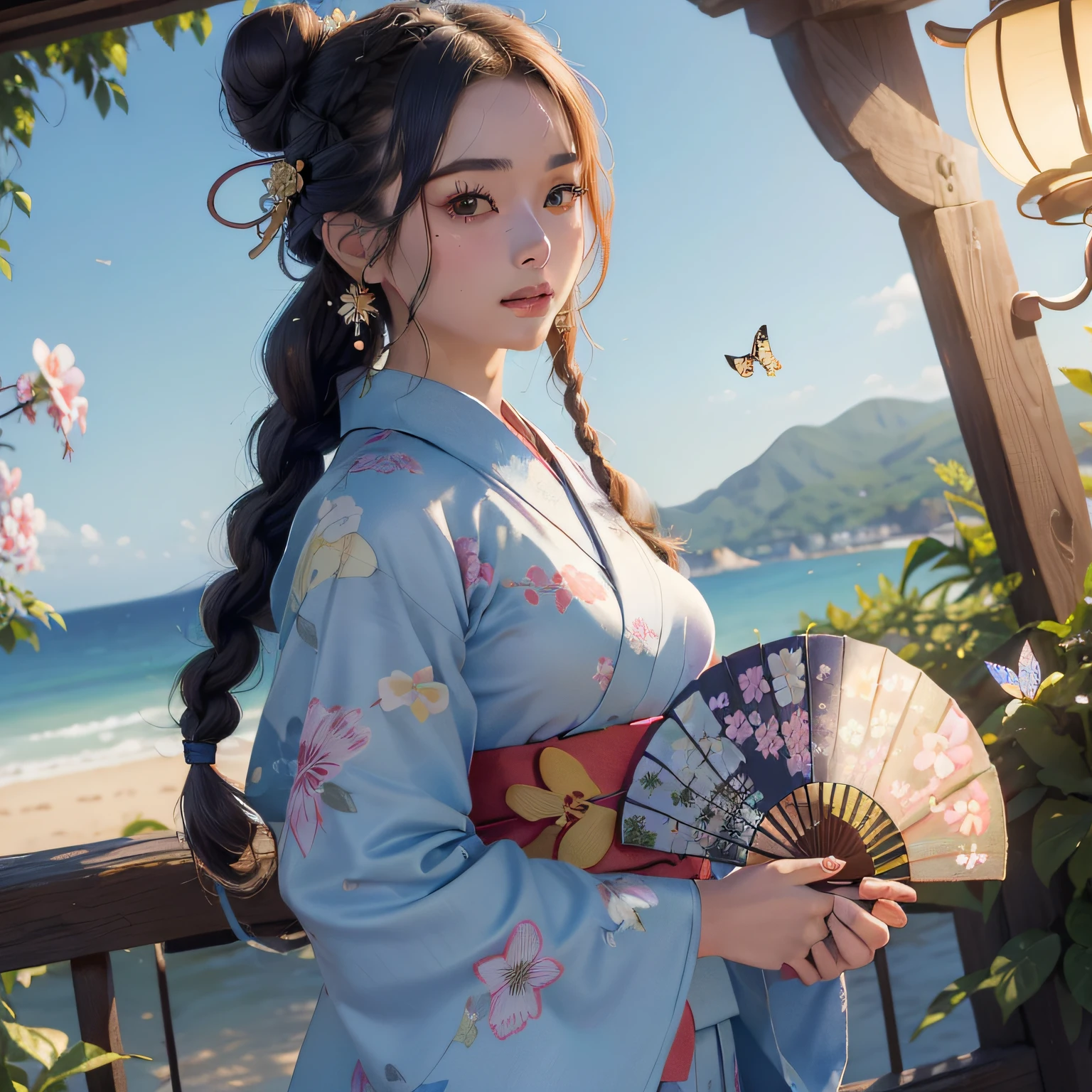 １girl with, ((​masterpiece、top-quality、ultra-definition、hight resolution))、4K picture quality、((Beautuful Women))、22year old、wetted skin、radiant eyes、perfect  eyes、(Beautiful Nordic sisters)、the beach,Background crowd、((Curly hair in braids、Bun１))、((facial close-up))、(((Wearing a bell sleeve yukata)))、((The pattern of the yukata is、They range from fancy floral patterns to swallowtail butterflies..))、((Use primary colors for yukata colors))、​masterpiece、top-quality、ultra-definition、hight resolution))、4K picture quality、(((Holding a fan or fan in your hand)))、