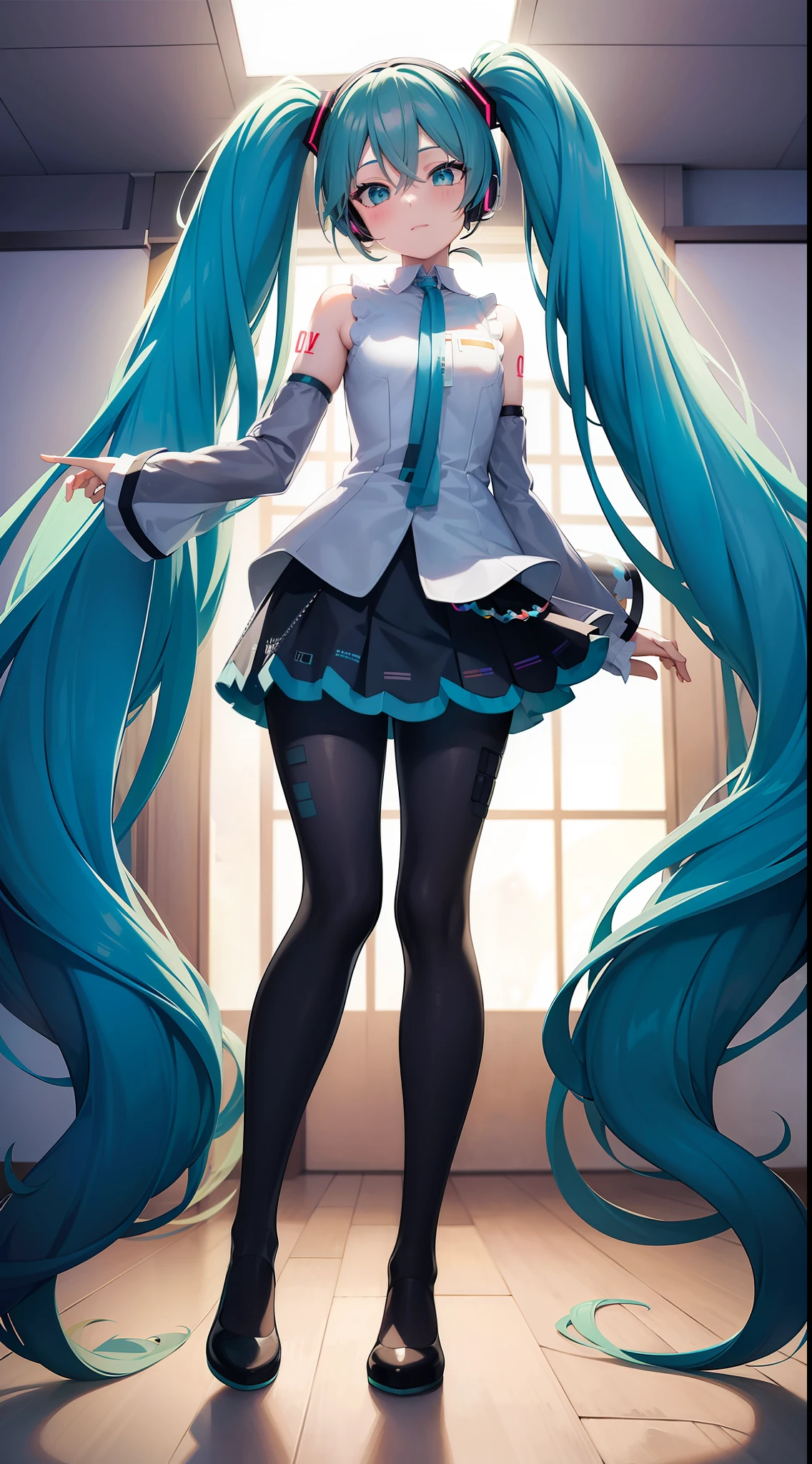 (masterpiece), (best quality),(miku),1girl, backlight, lam_style, wearing jacket and long pants, colorful_hair, facial_mark, neon_palette, miku, Hatsune Miku, halftone