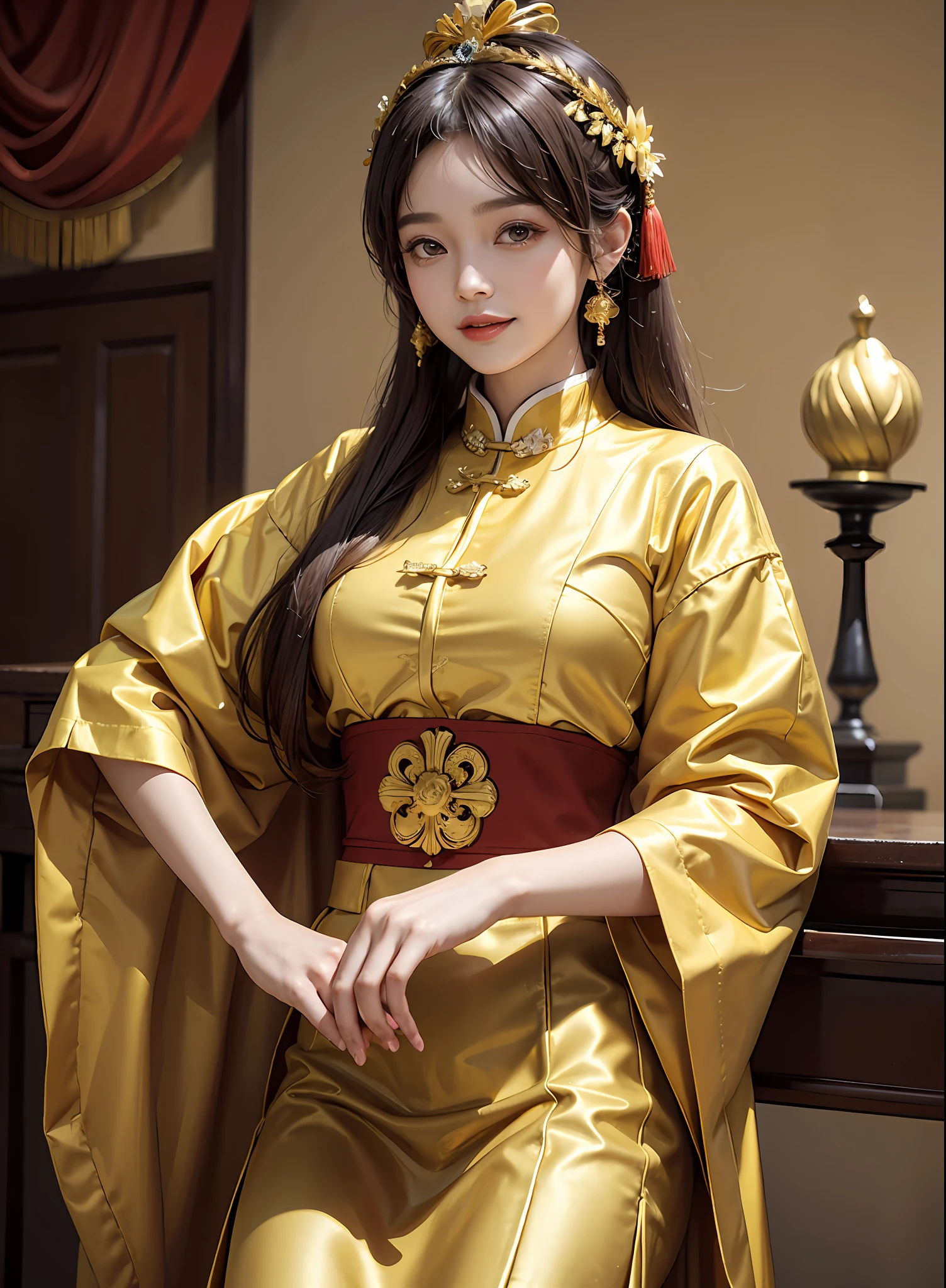 golden colored,Chinese palaces,1Blittle girl,Lily,ponytails,brunette color hair,By bangs,Chinese long skirt,flower,35-year-old female model,queen mother,Phoenix crown,Smile,