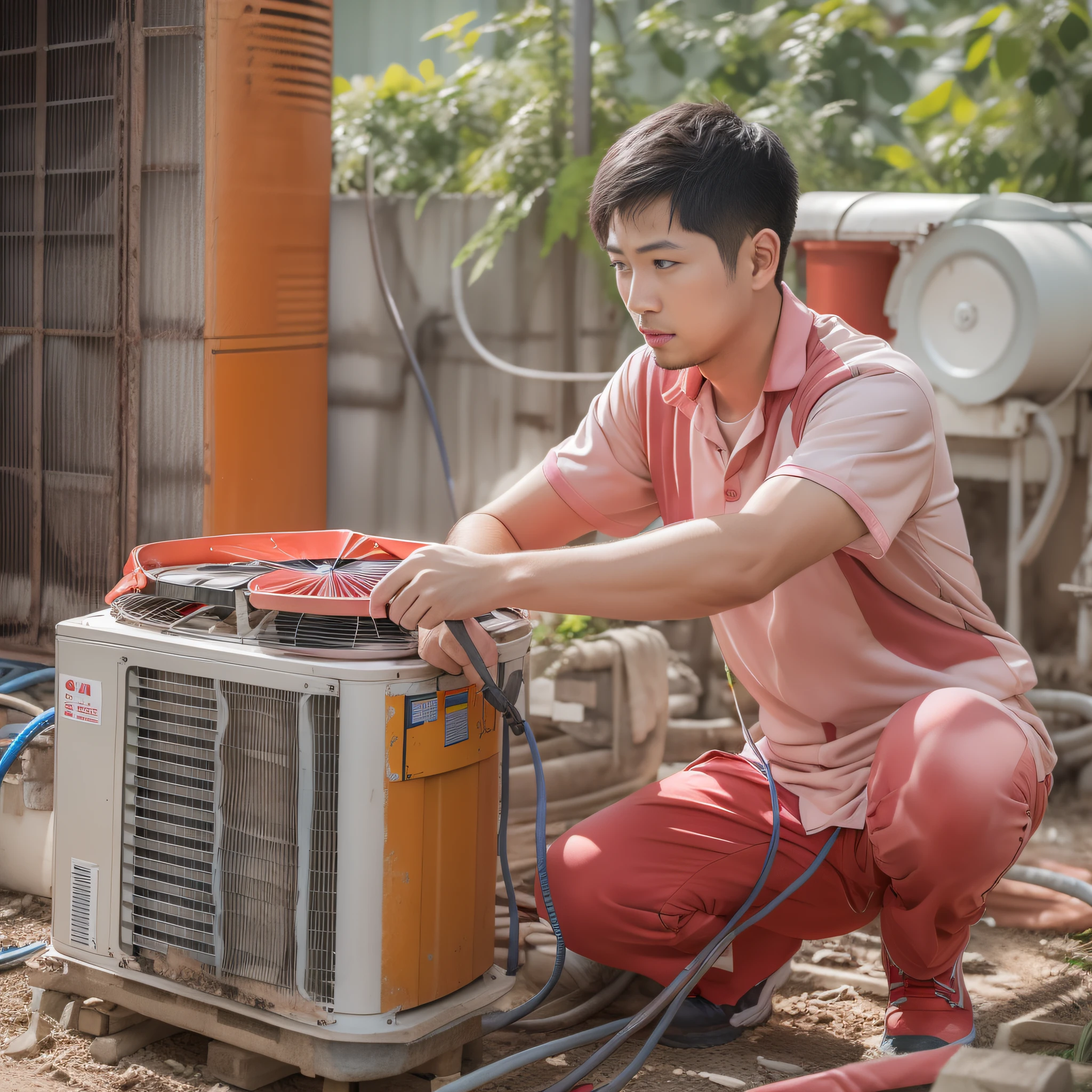 Engineers repair air conditioning units outdoors,Wear a red short-sleeved top,maintenance photo,air conditioner,Maintenance,highly technical,Under repair,夏天,suns,Asian people,Handsome,Short-sleeved clothes,mtu。