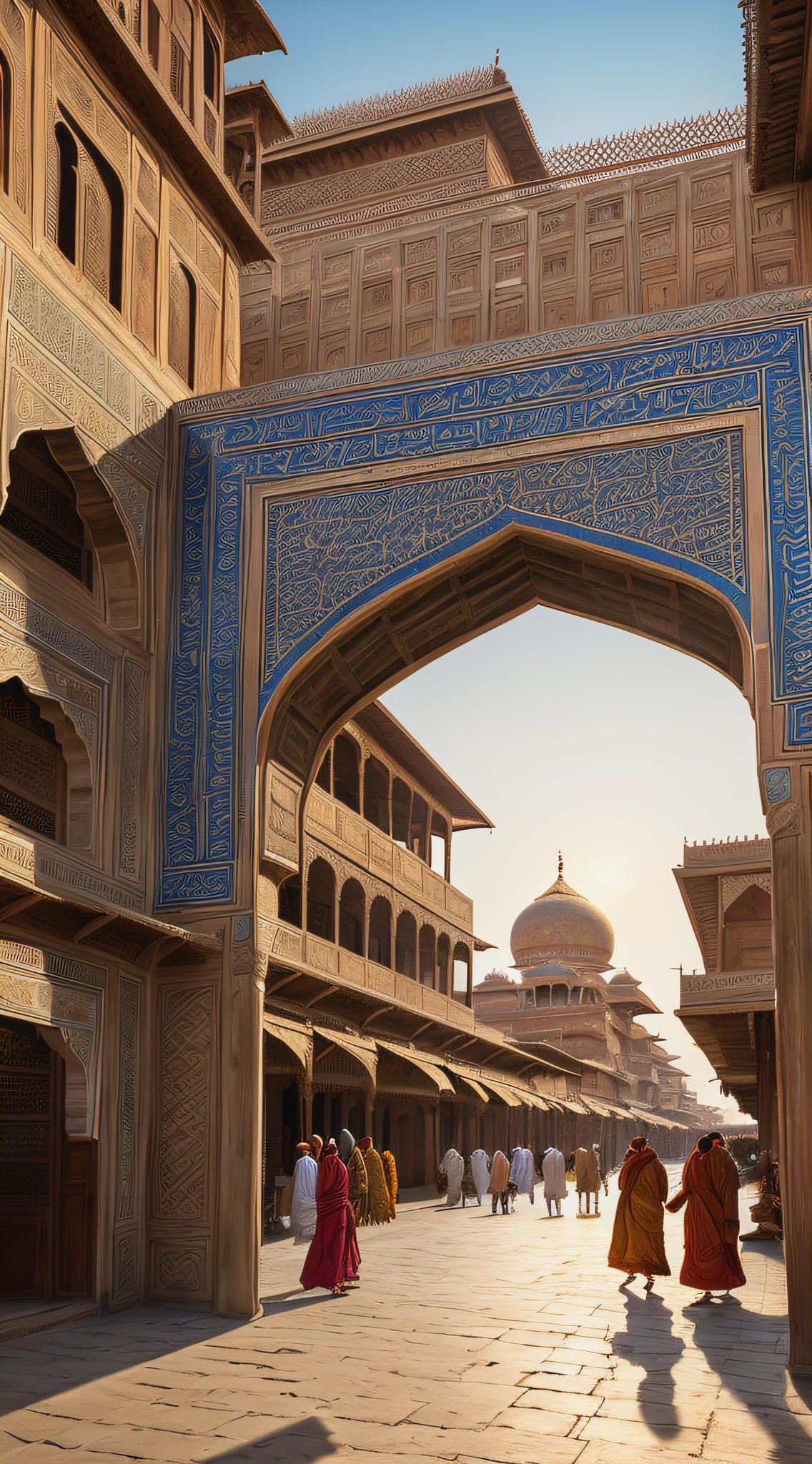 (masterpiece, UHD, photo-realistic, rich background:1.3), street-level view, vibrant Agra, local merchants, array of goods, (Timurid-inspired architecture:1.2), delicate latticework, arched entrances, crowd in period attire, (vast city expanse:1.1) in the background, setting sun, warm tones, lively atmosphere, side view.