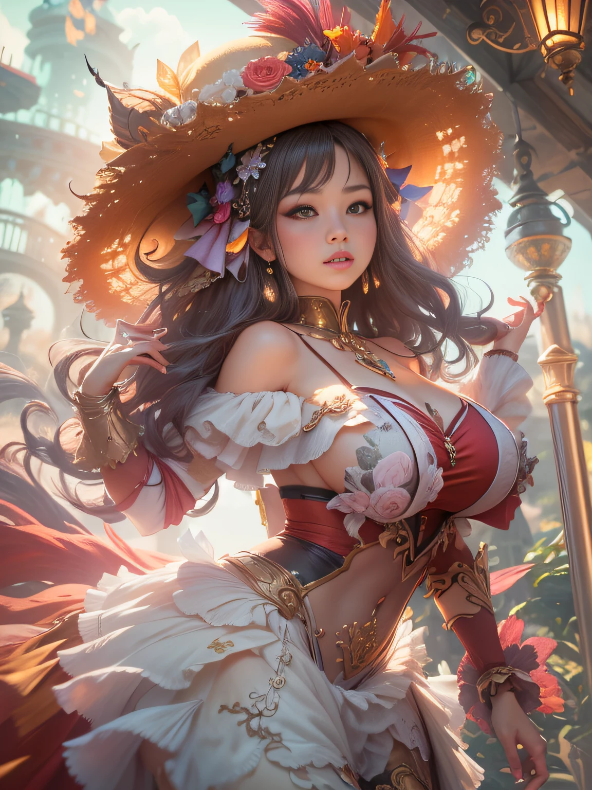 arafed image of a thick woman in cancan hat and costume, cgsociety masterpiece, full portrait of a magical can can dancer, chengwei pan on artstation, epic exquisite character art, full body cgsociety, stunning character art, 3D render character art 8K, fantasy can can dancer woman, cgsociety consept art, full body render, masterpiece, global illumination