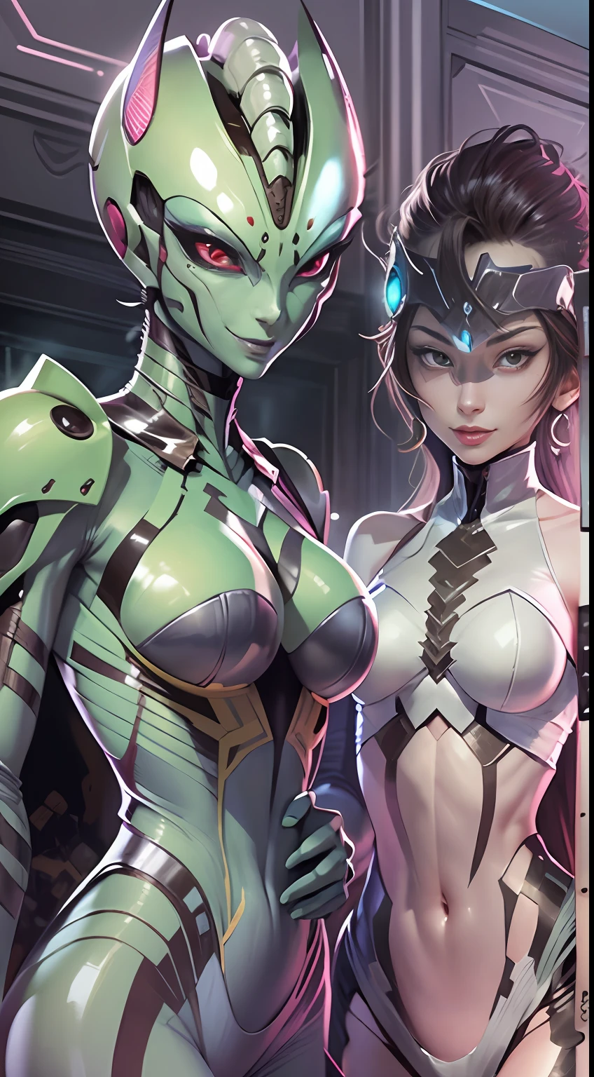 Cartoon photo of a woman in a fitted costume、Hot Mantis Humanoid Female、No trial、a person々takeout、Guyver Style、SFW version、Scarabeleploid、Cel Shade Adult Animation、Alien Queen、evil smile